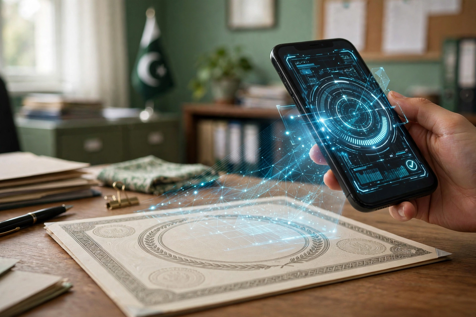 Illustration of a Pakistani education board certificate being verified digitally against a NADRA-linked system, with a smartphone showing a digital credential