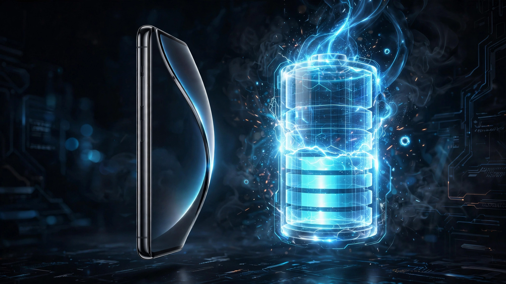 A slim smartphone with a curved display shown in profile beside a large glowing battery icon, on a dark tech-themed background