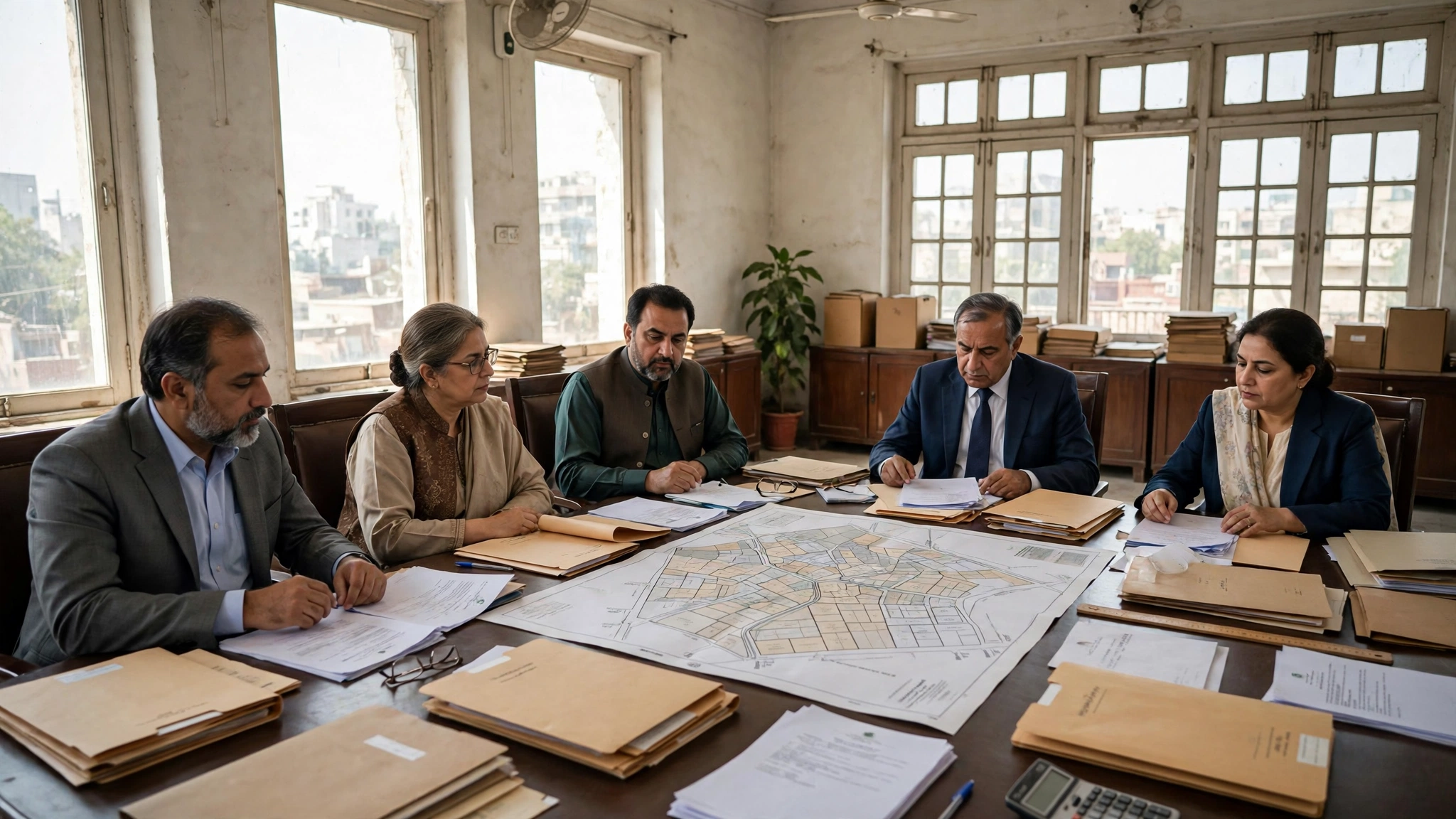 Photorealistic wide view of a government office in Punjab where officials review property records and documents at a large conference table