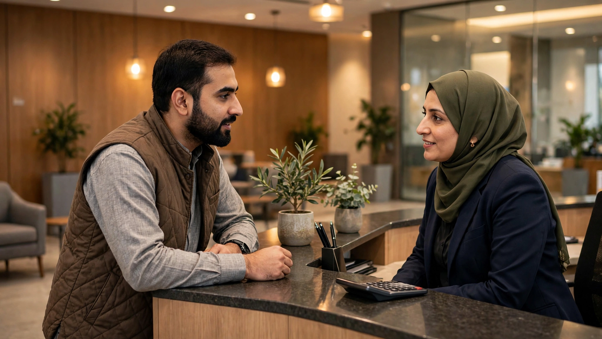 A Pakistani bank customer filing a complaint at a service desk, photorealistic scene in a modern bank branch