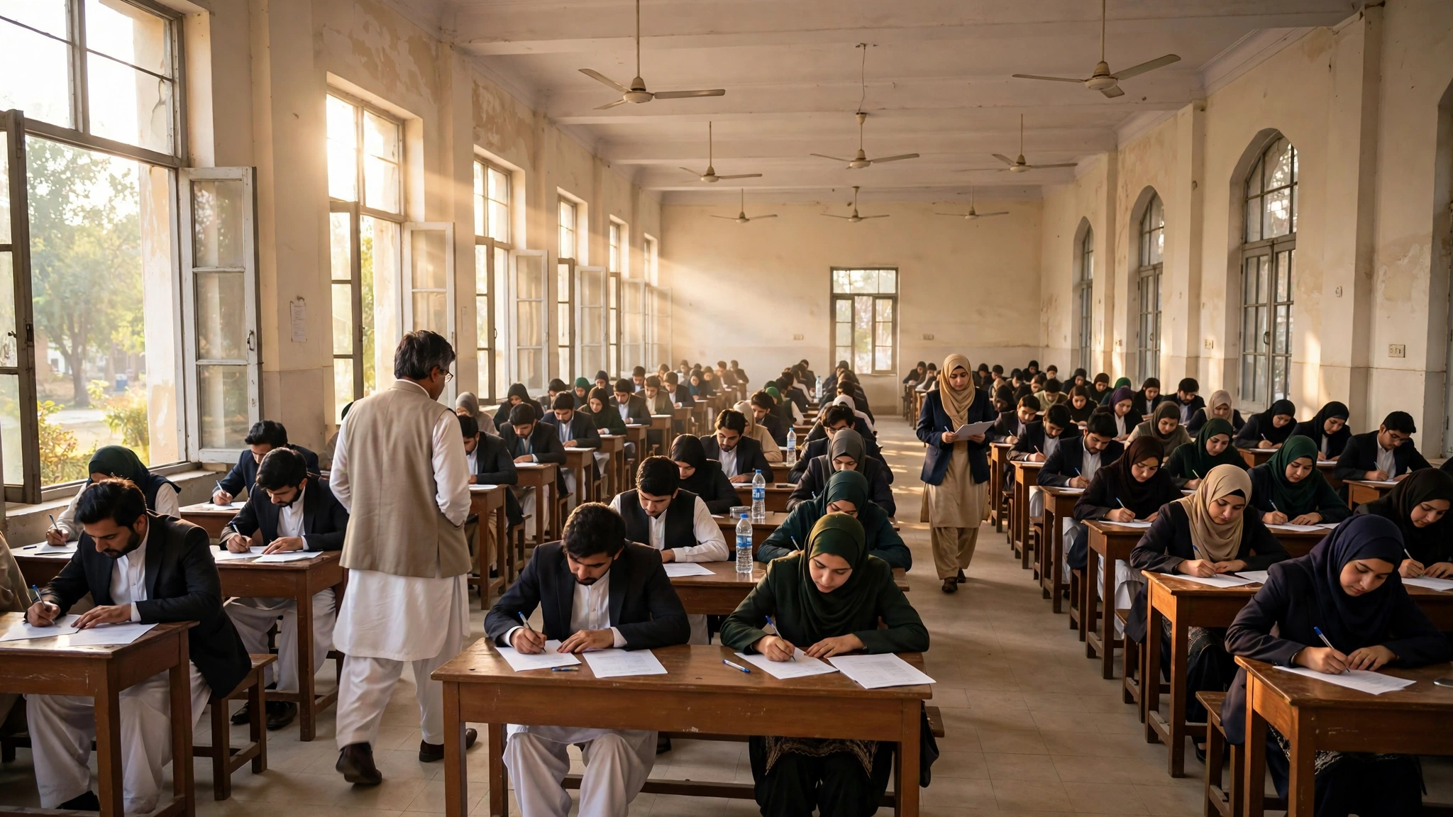 Students seated in an examination hall during a competitive written exam in Pakistan