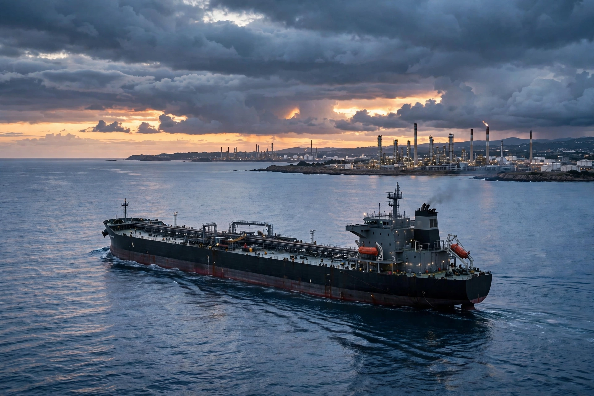 Oil tanker at sea carrying crude oil, with a refinery on the distant coastline at dusk