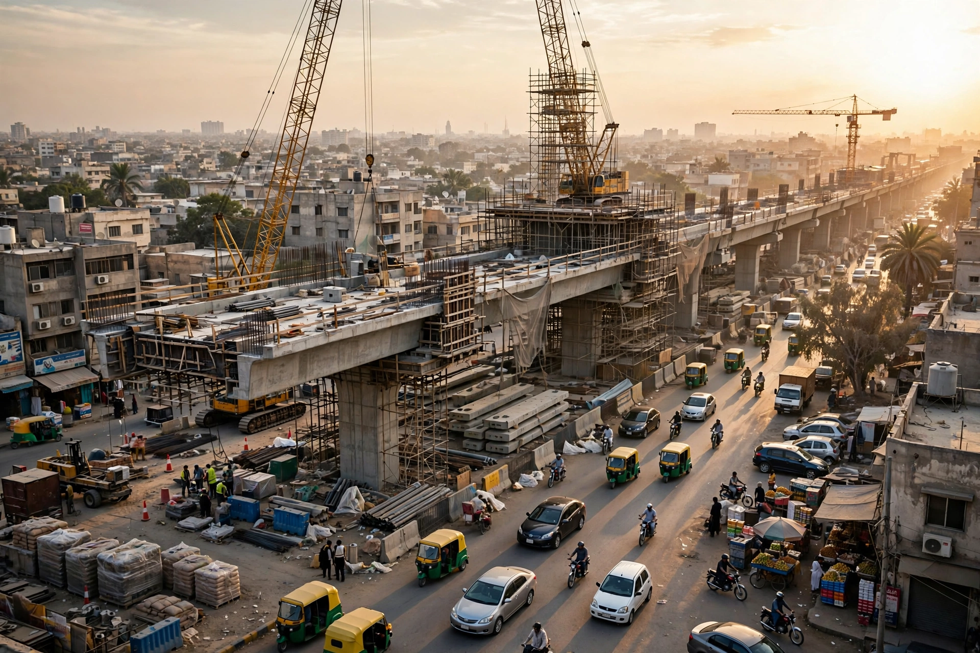 Photorealistic wide shot of an elevated BRT corridor under construction on University Road in Karachi, with cranes, scaffolding and half-built concrete flyover sections at sunset