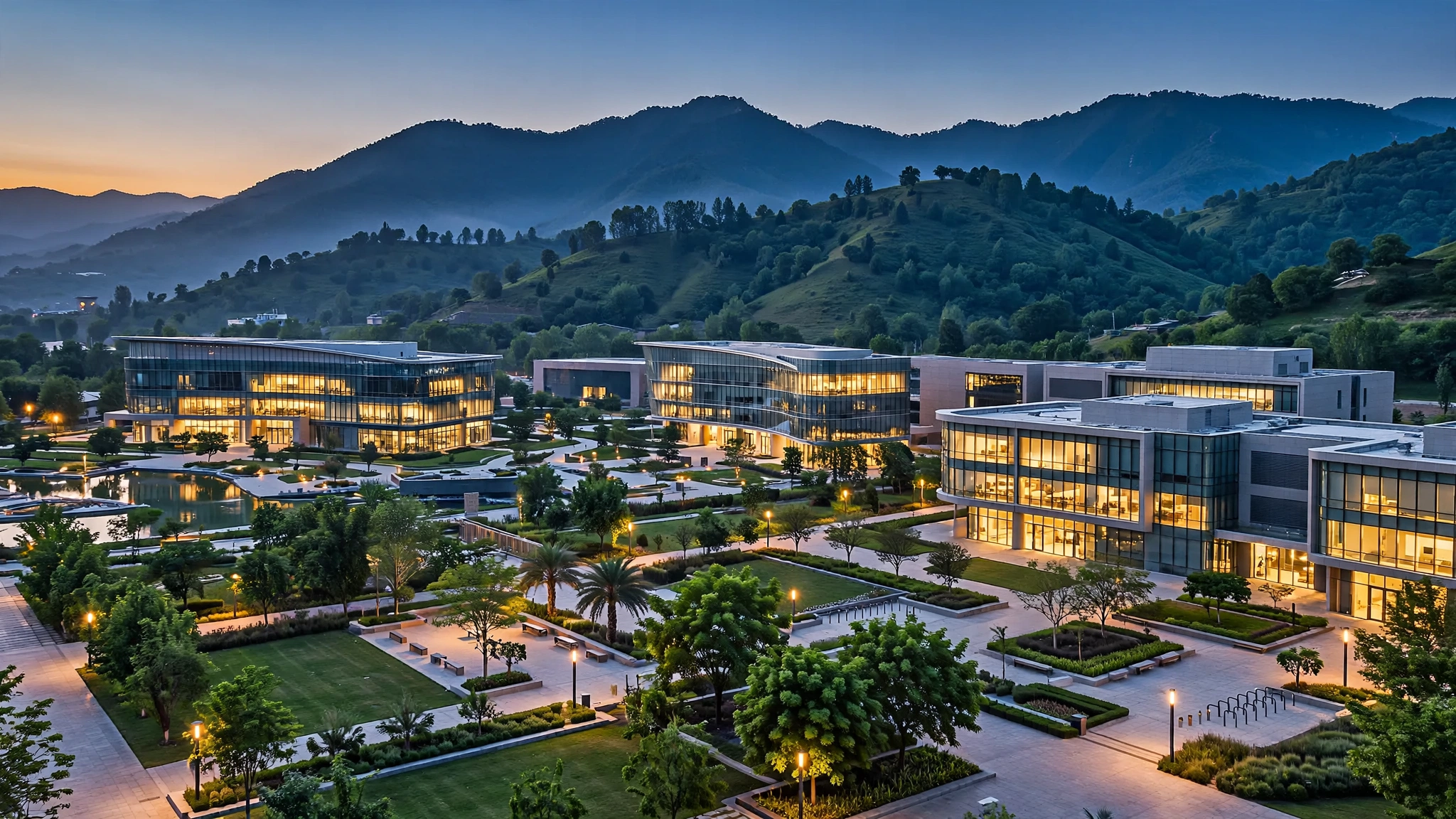 Modern technology park building in Islamabad at dusk, symbolizing Pakistan's growing IT ecosystem