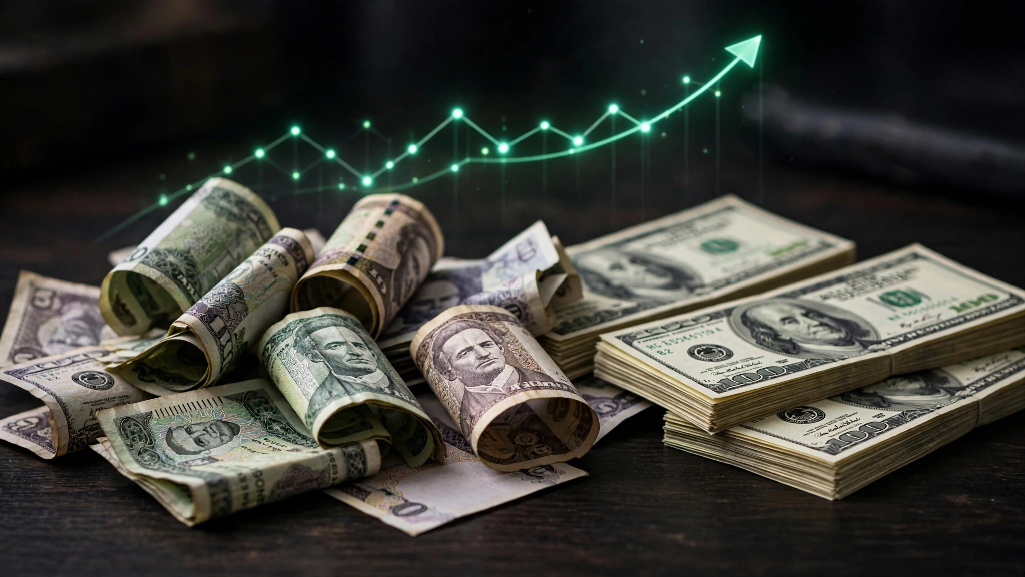 Photorealistic image of Pakistani rupee banknotes next to US dollar bills with a rising trend line, representing the rupee strengthening against the dollar