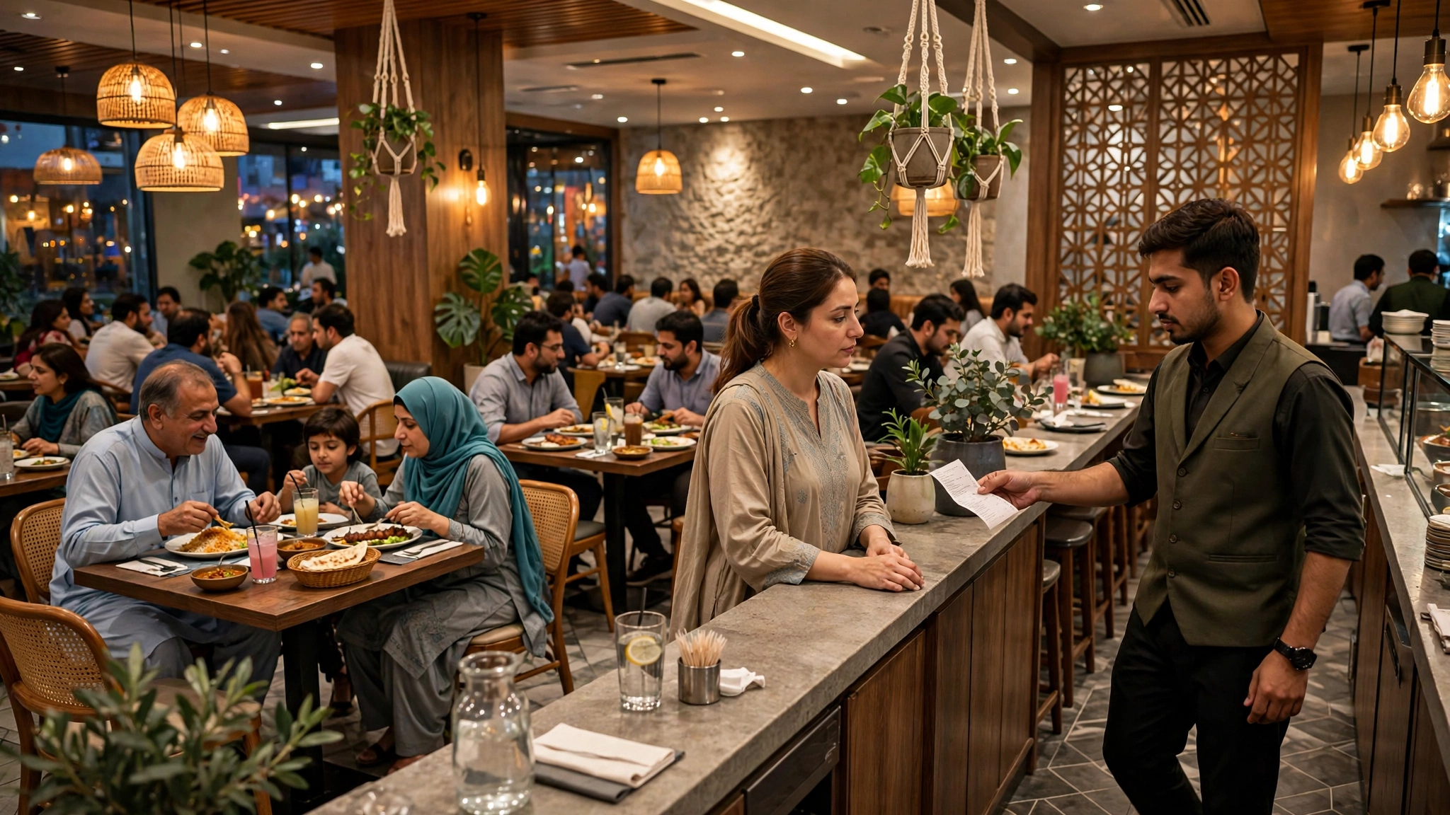 A busy restaurant in Pakistan with customers paying at the counter, symbolising the PRA's crackdown on unverified tax receipts