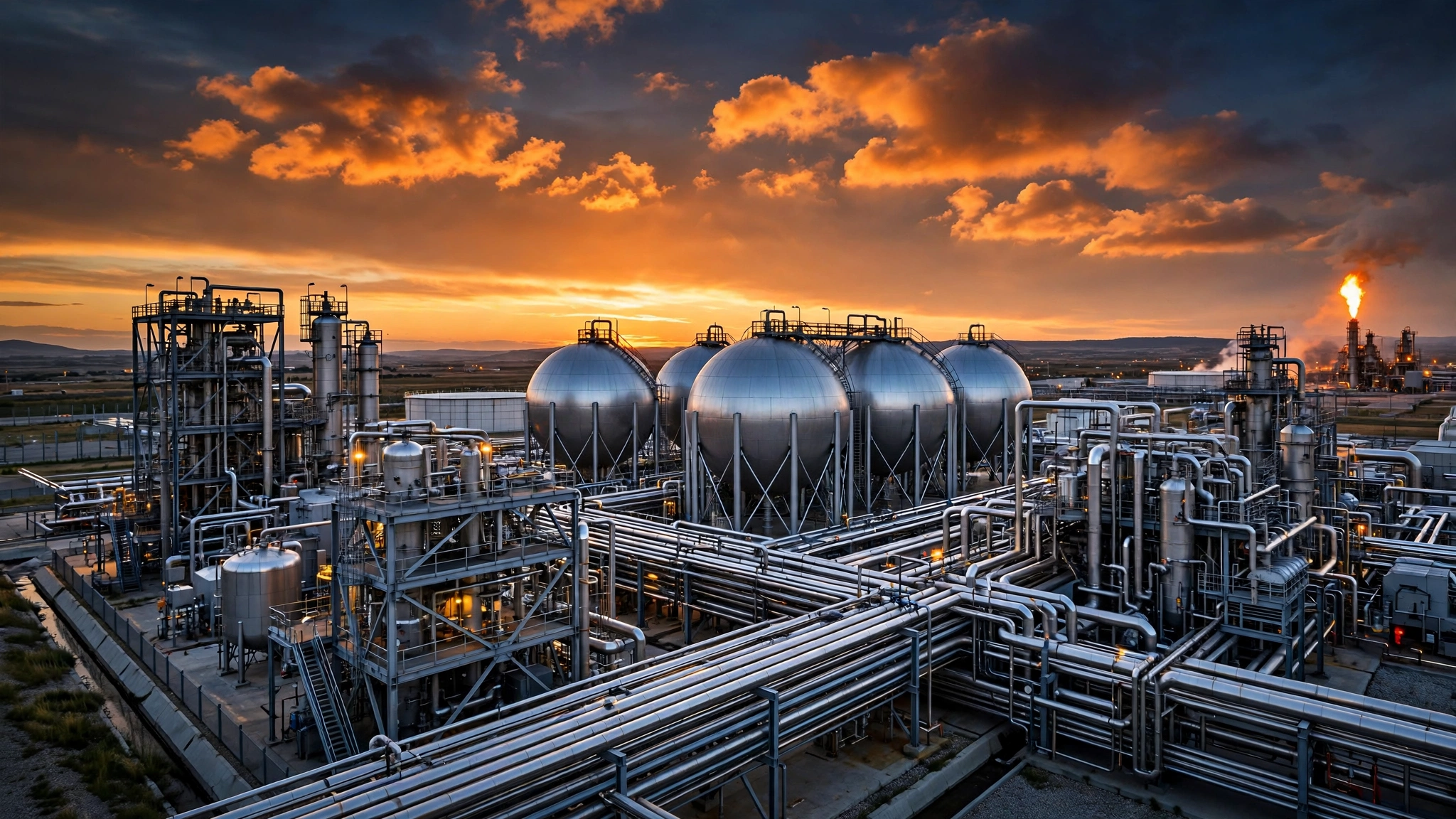 Industrial gas plant with pipeline infrastructure at dusk, representing Ghani Chemical's gas conversion investment