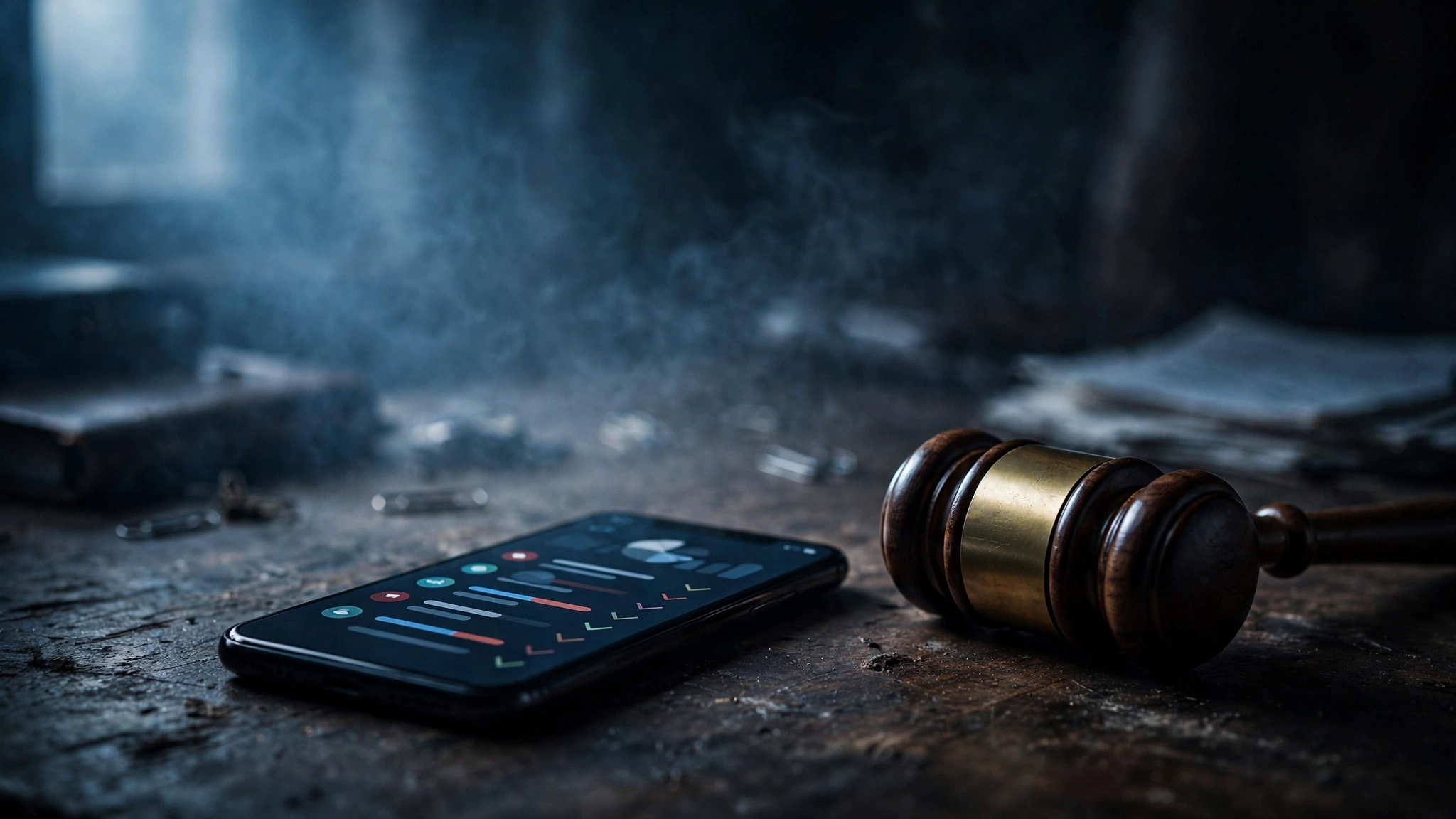 A gavel beside a smartphone showing mobile wallet transaction records, with dramatic dark lighting suggesting a financial crime investigation