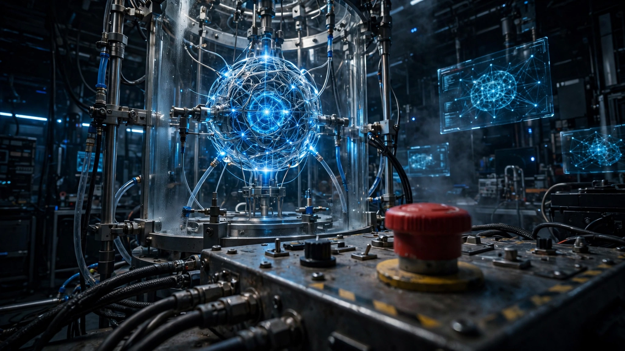 A glowing artificial intelligence core inside a glass containment box with a large red emergency stop button in the foreground, in a dark high-tech lab