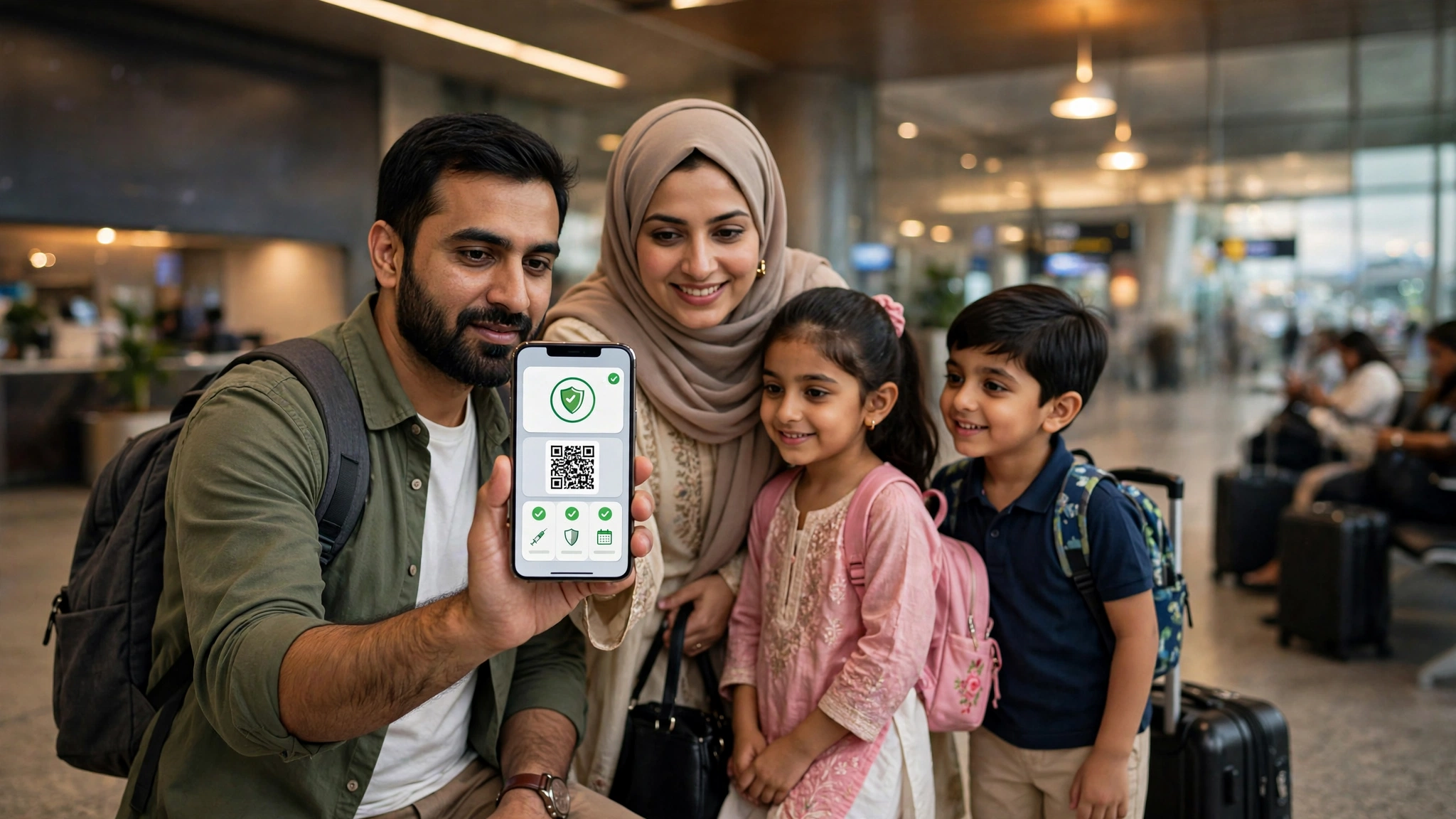 A Pakistani traveler at an airport holding a smartphone showing a digital vaccination certificate, with a departure board in the background