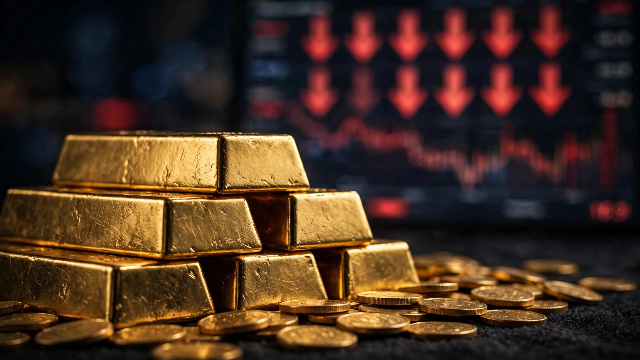 Stacks of gold bars and coins beside a falling price chart, dark financial backdrop
