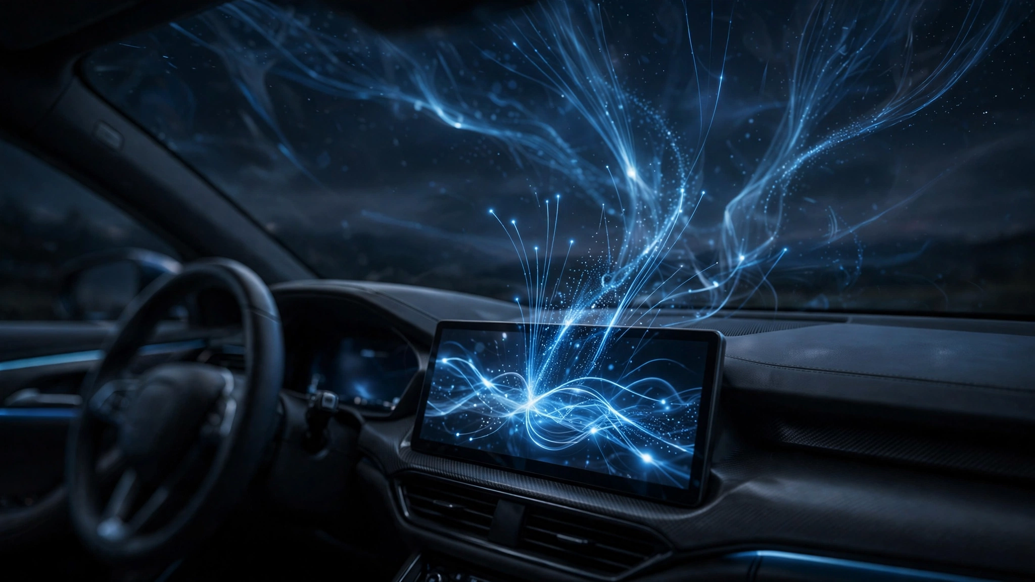 Photorealistic close-up of a modern car dashboard and infotainment screen at night, with data streams subtly visualized