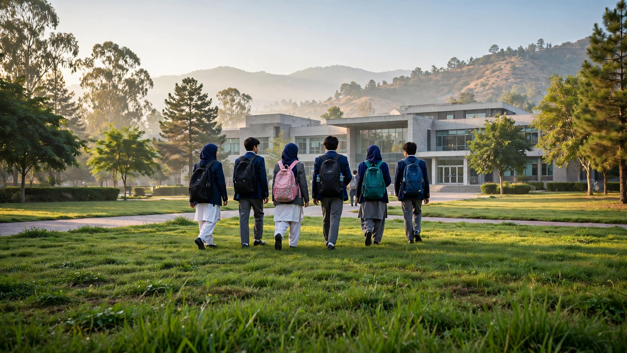 Students with school bags walking toward a school building in Islamabad on the first morning of reopened classes