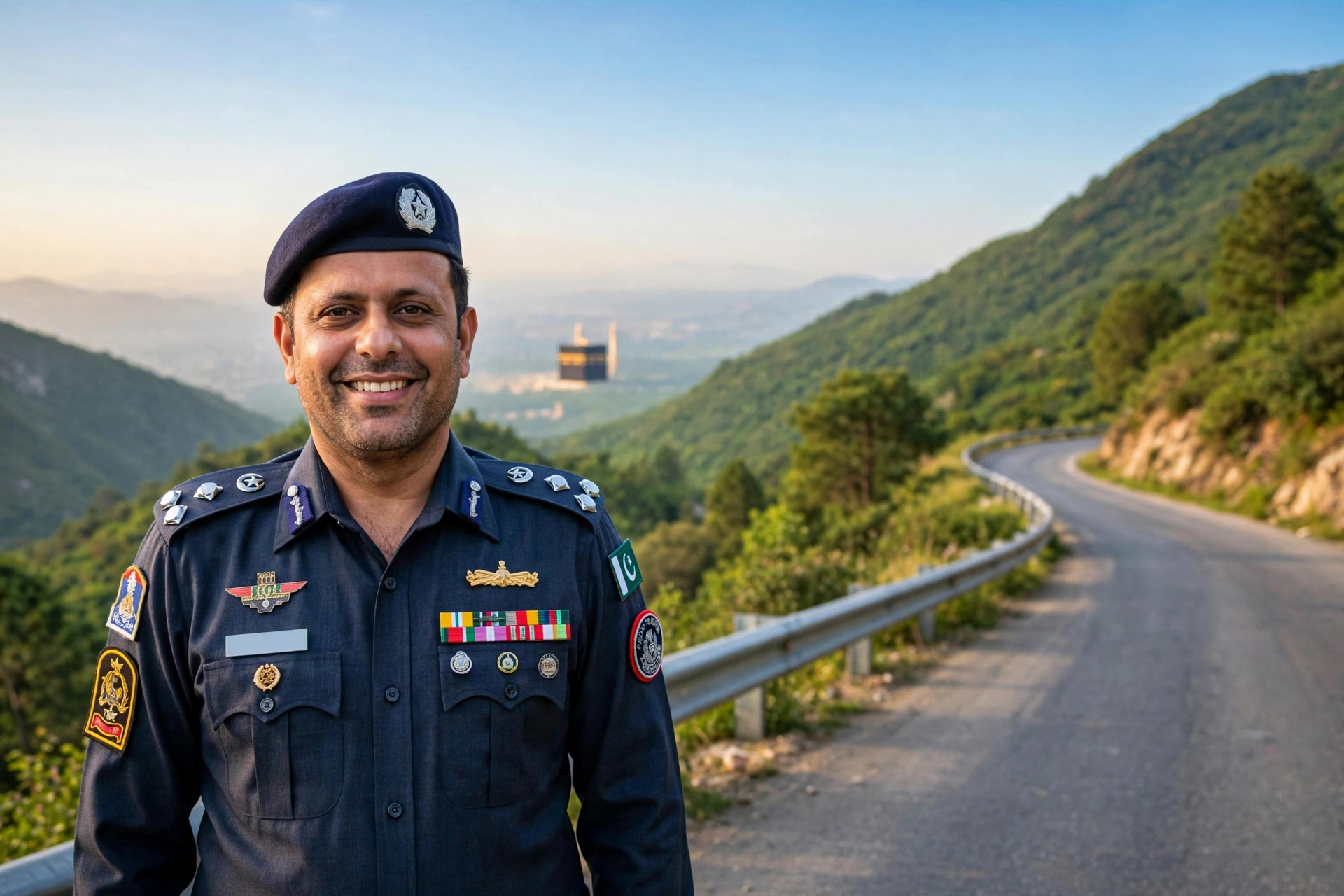 A Pakistani police officer in uniform standing in front of the Islamabad Police building, with the Kaaba visible in the distance under a bright sky, symbolizing the pilgrimage welfare scheme