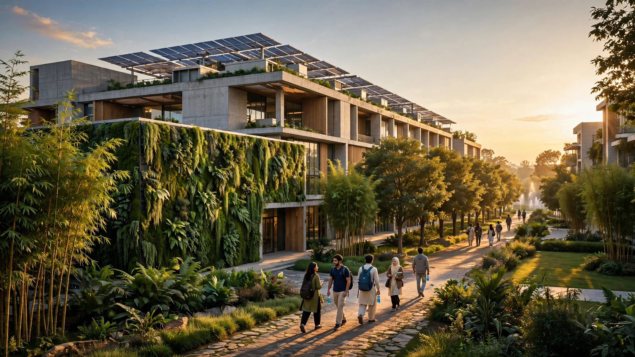 A modern eco-friendly campus building with solar panels, lush greenery and students walking along a tree-lined path in Lahore, Pakistan