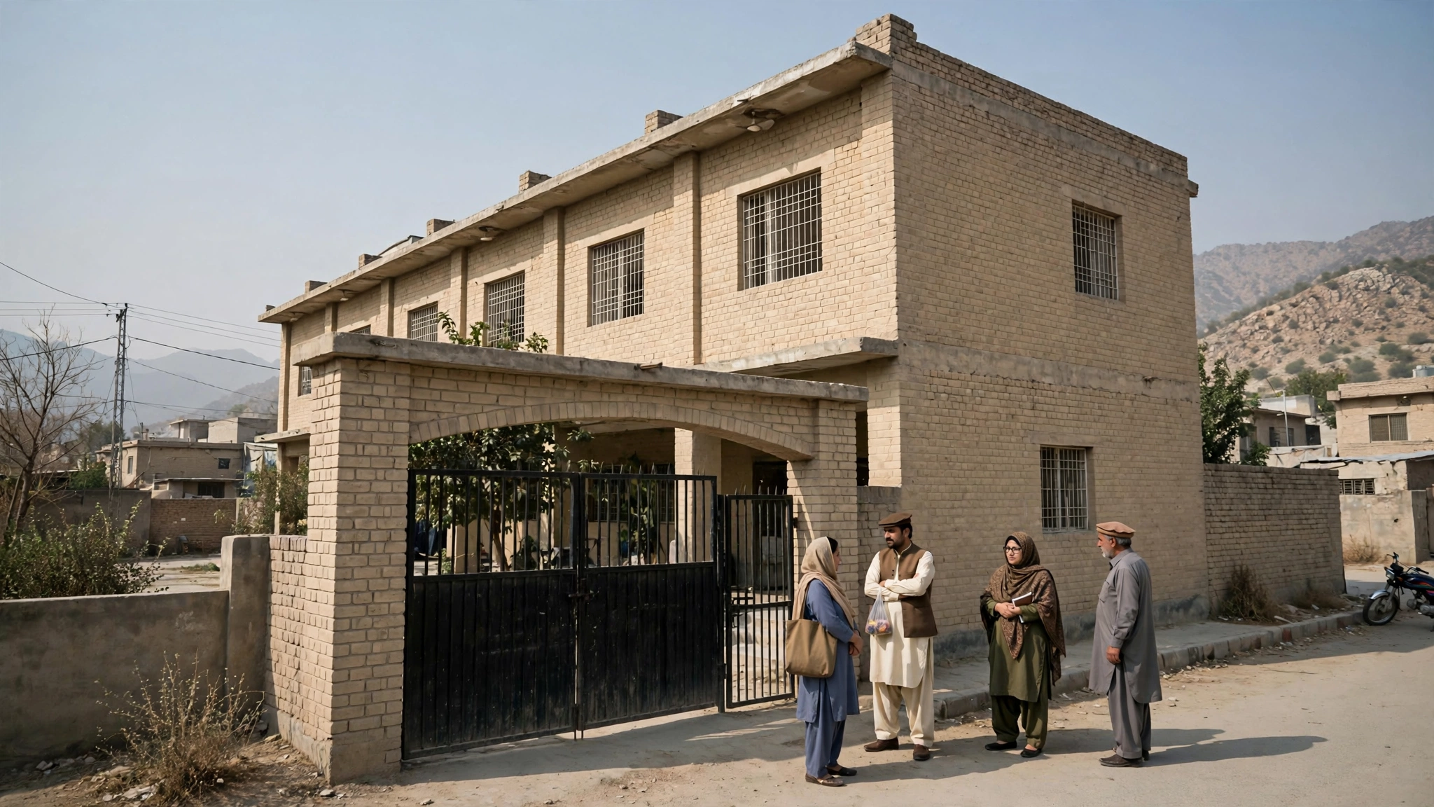 Photorealistic view of a private school building in Quetta with parents standing outside a closed entrance gate