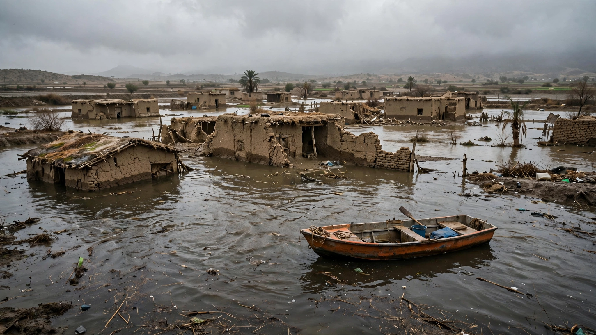 A flood-damaged Pakistani village beside a river with a rescue boat, illustrating the gap between climate finance pledges and ground reality