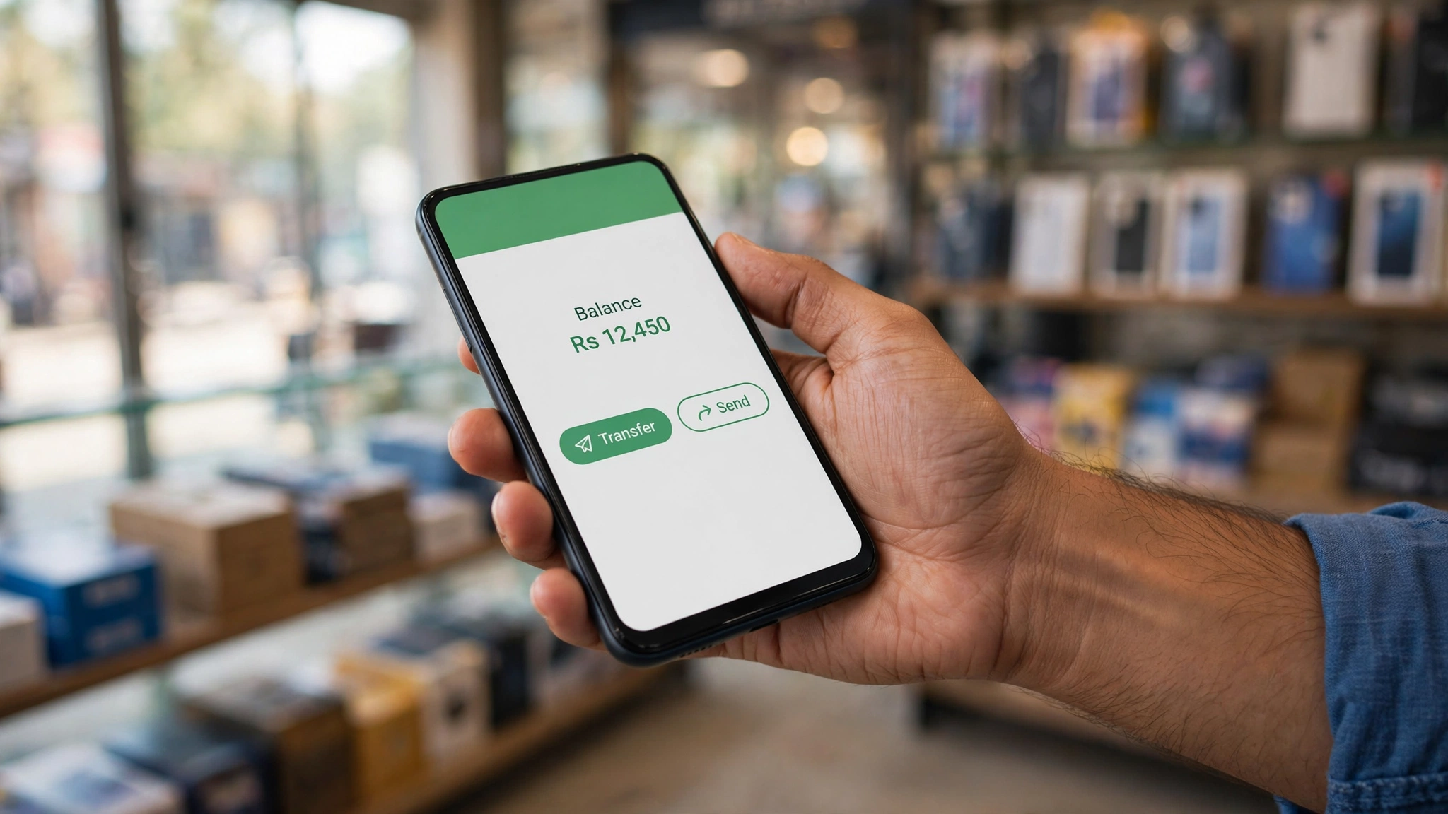 A hand holding a smartphone showing a green digital banking app interface, with a retail smartphone store blurred in the background