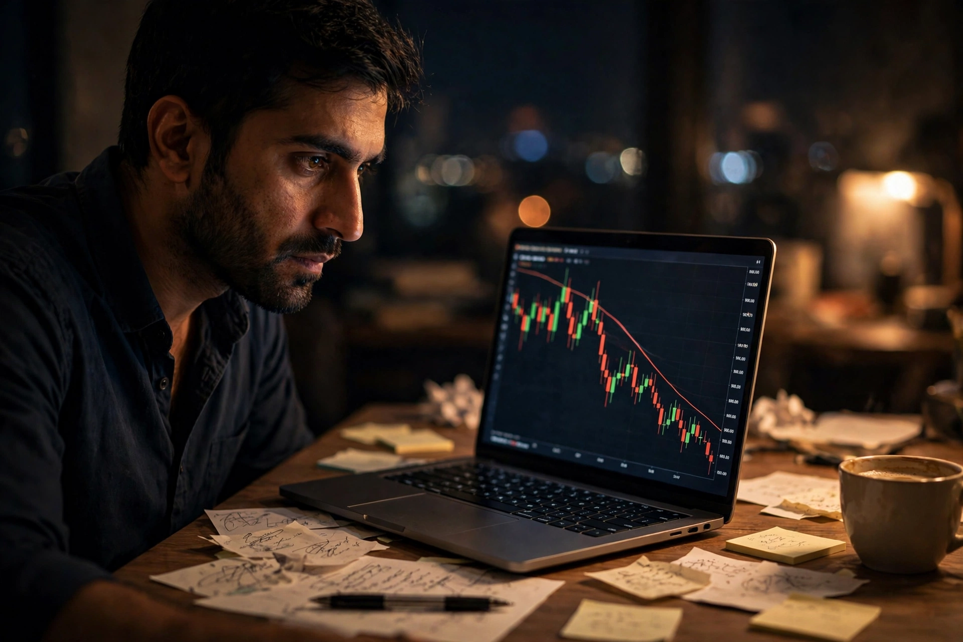 A stressed retail trader reviewing year-end profit-and-loss charts on a laptop in a dim room, a falling red chart line on the screen