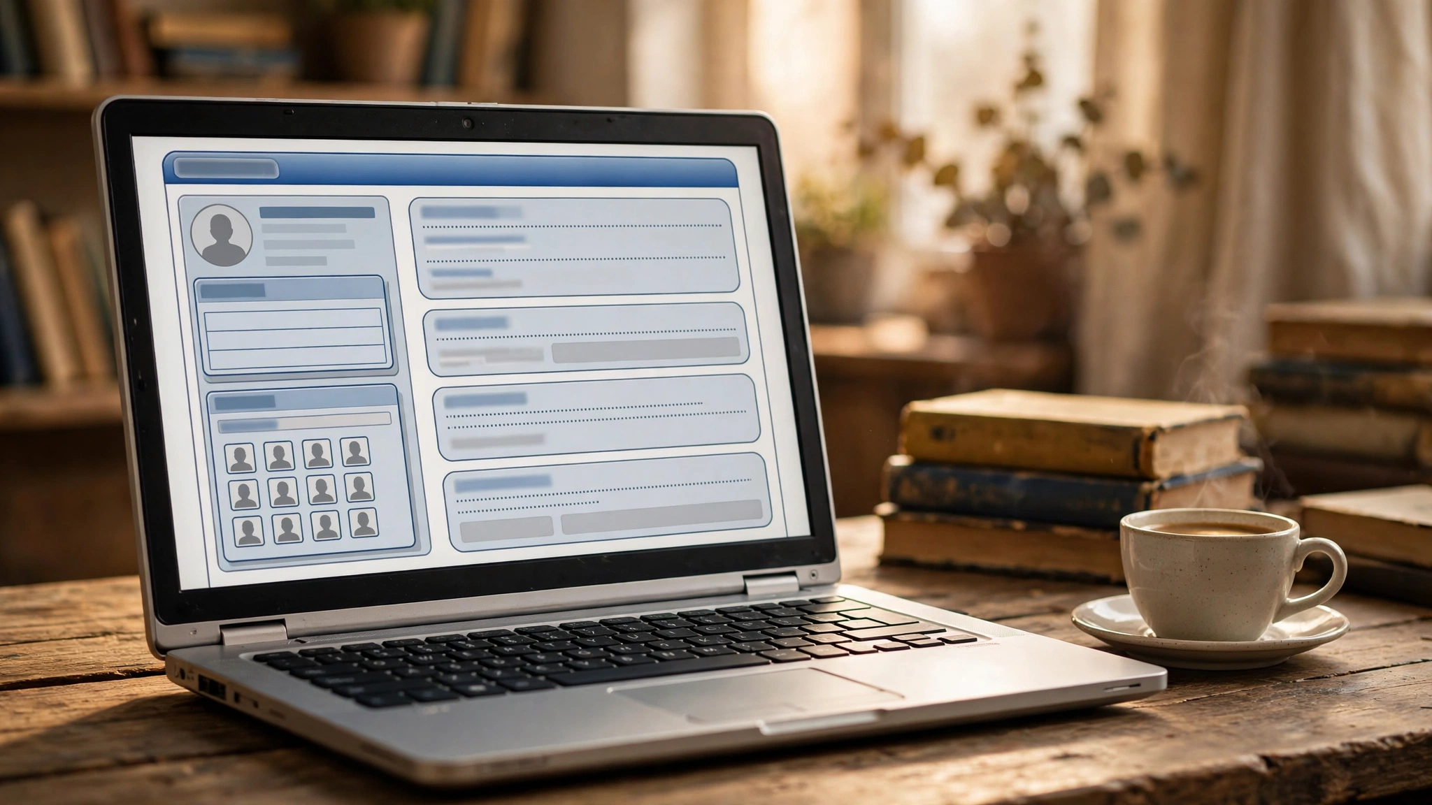 A laptop screen showing a classic social networking profile page with a nostalgic retro design, surrounded by community and friendship symbols