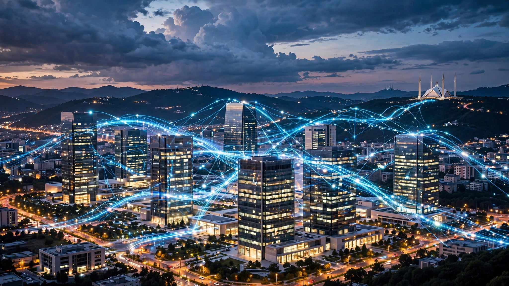 Photorealistic view of Islamabad's modern government district at dusk, with glowing digital network lines connecting office towers