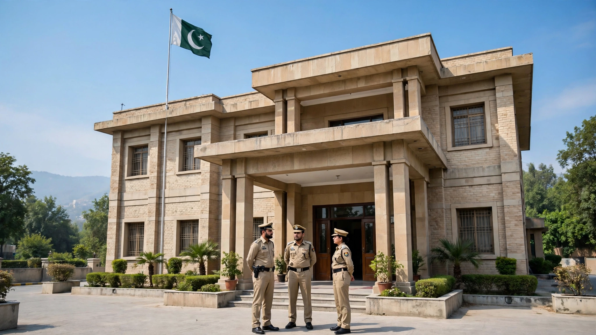 Exterior view of an Islamabad police station building with officers at the entrance on a clear day