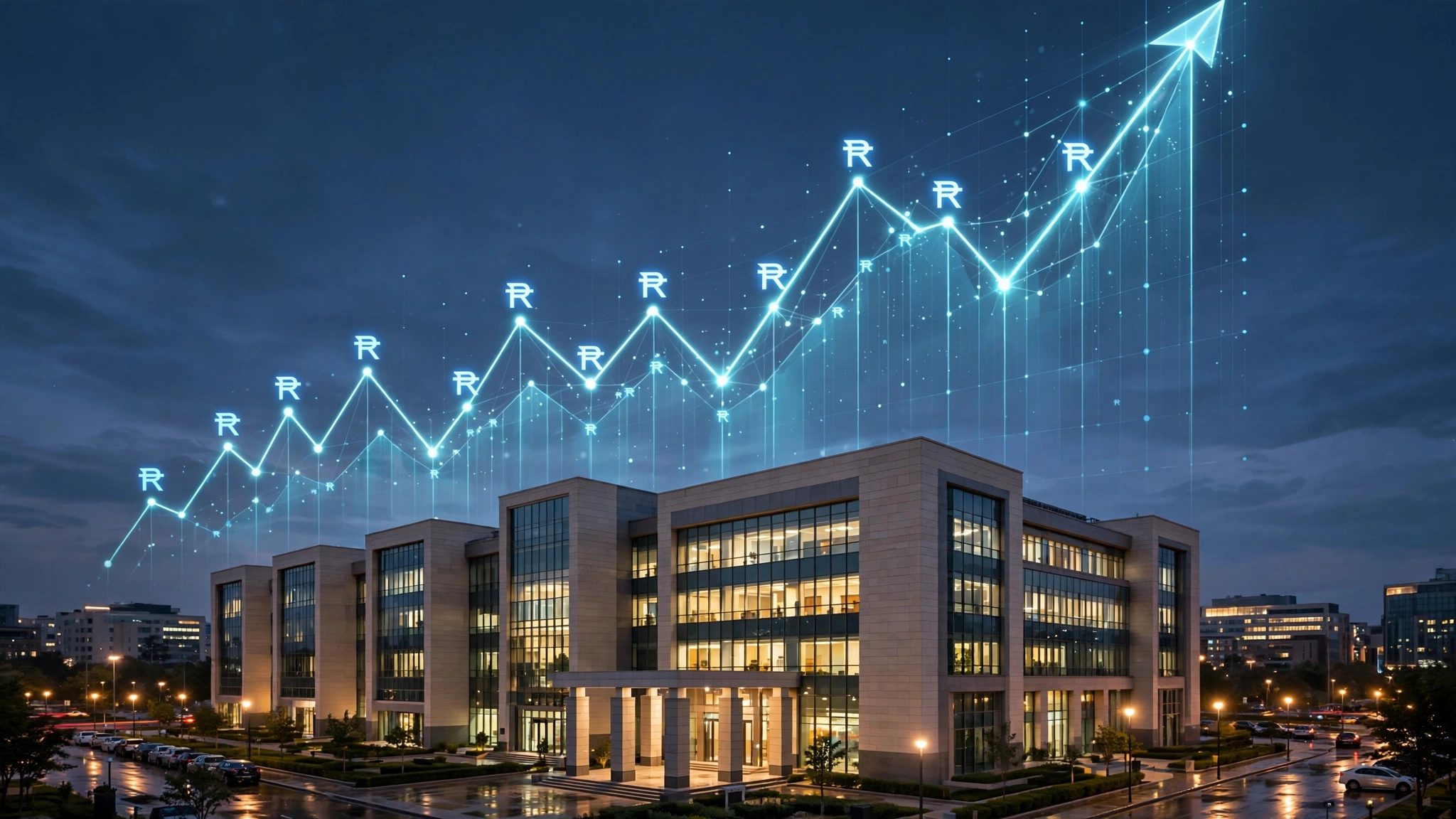 Finance ministry building with an upward-trending credit rating chart and Pakistani rupee currency symbols in the background
