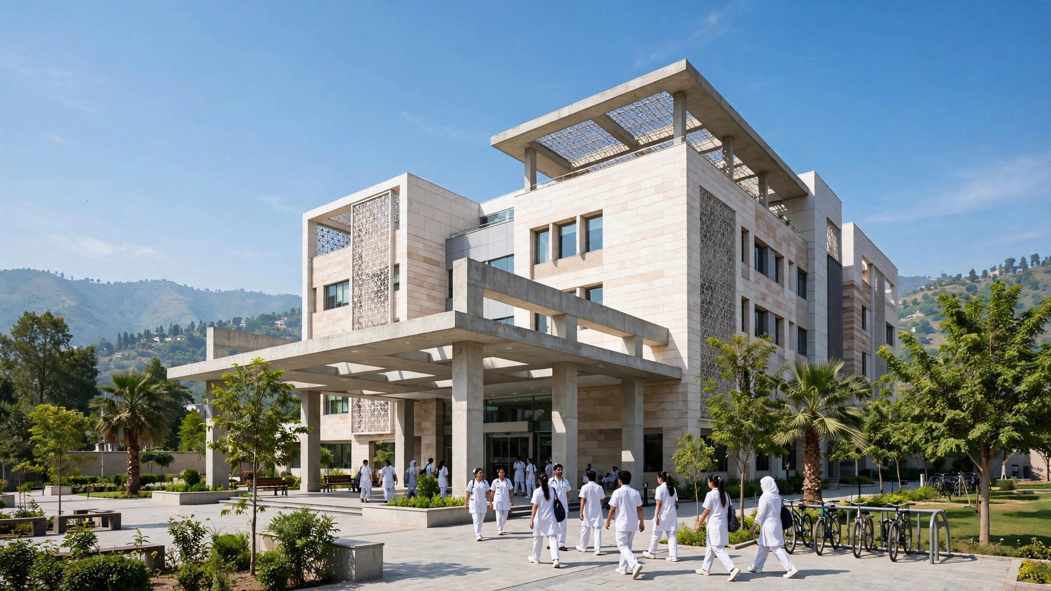 Modern hospital building exterior in Islamabad with nursing students walking outside, photorealistic, daytime