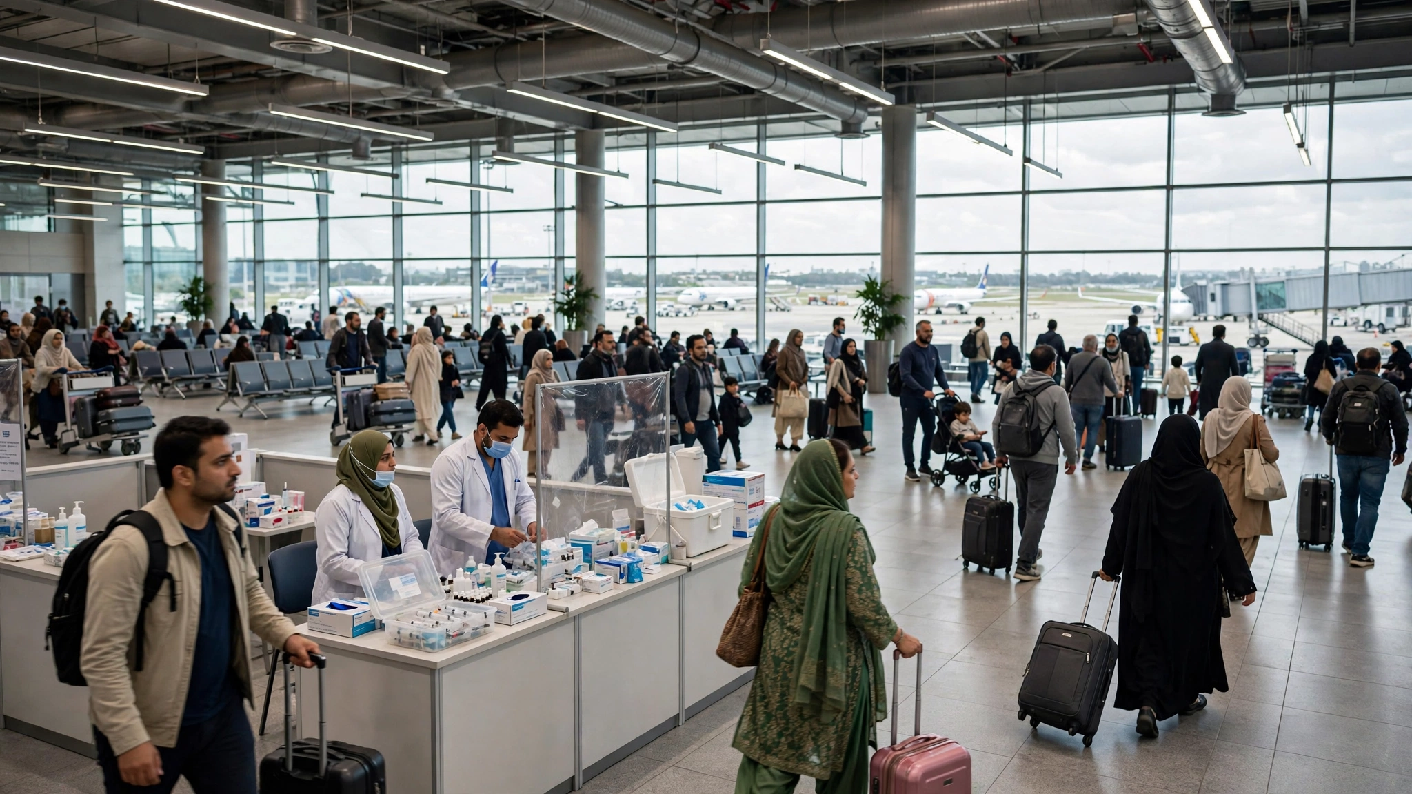 Travellers walking through Jinnah International Airport departure hall with a health vaccination counter visible