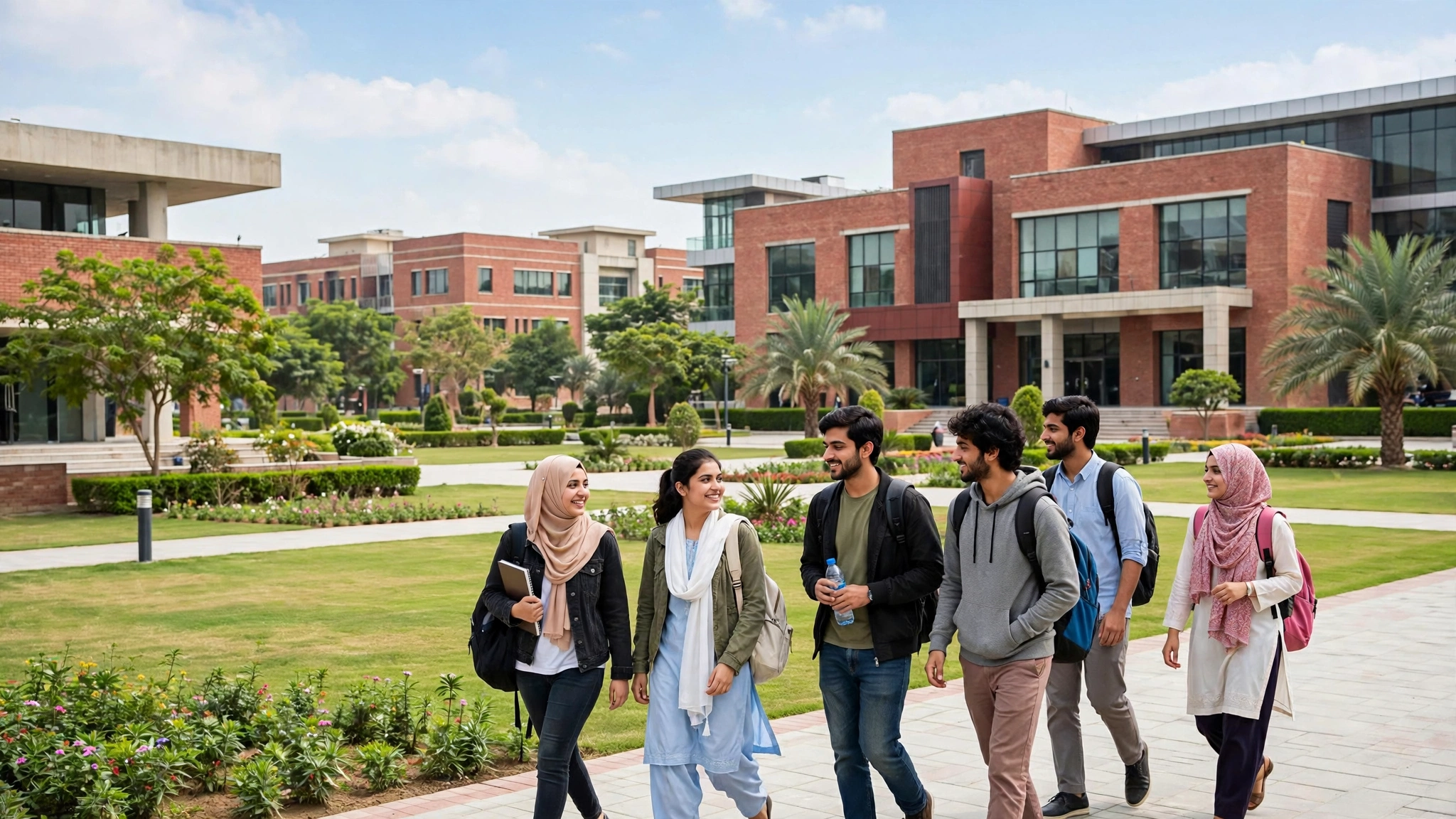 Students celebrating outside a university building in Sukkur, Sindh, after winning fully-funded scholarships
