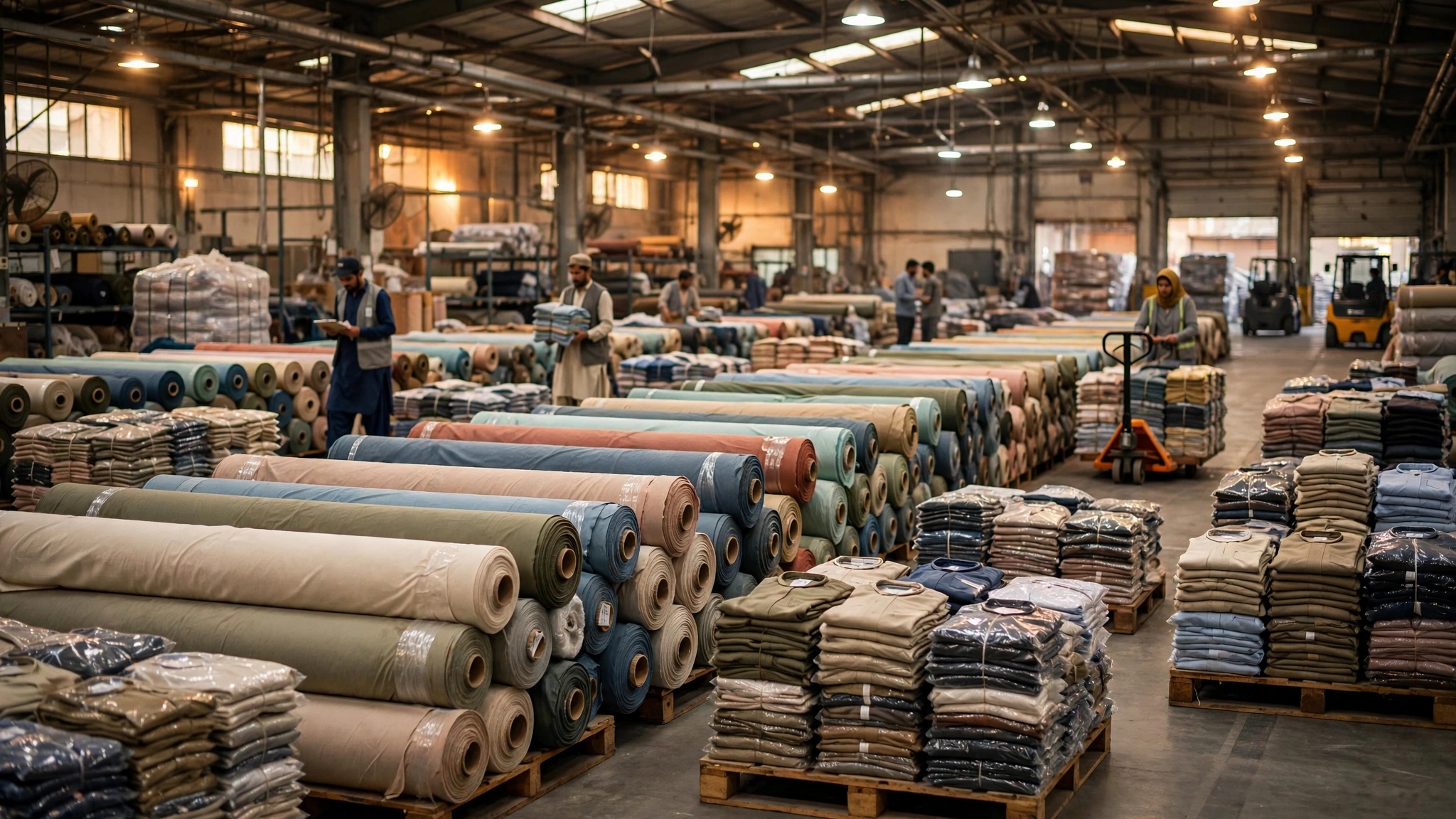 Rows of textile fabric rolls and garments in a Pakistani export factory awaiting shipment