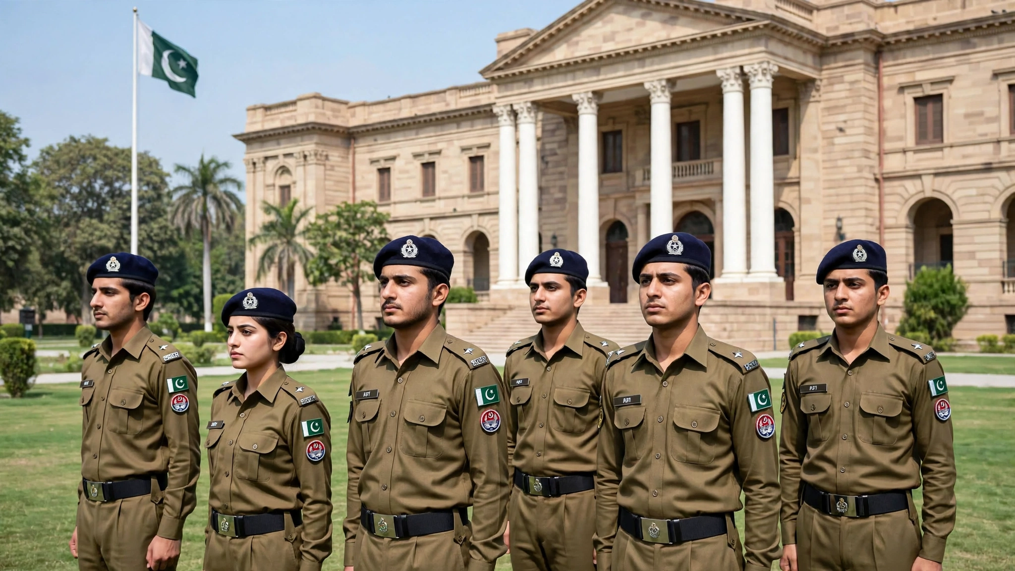 Uniformed tourism officers in formation with a Punjab government building in the background