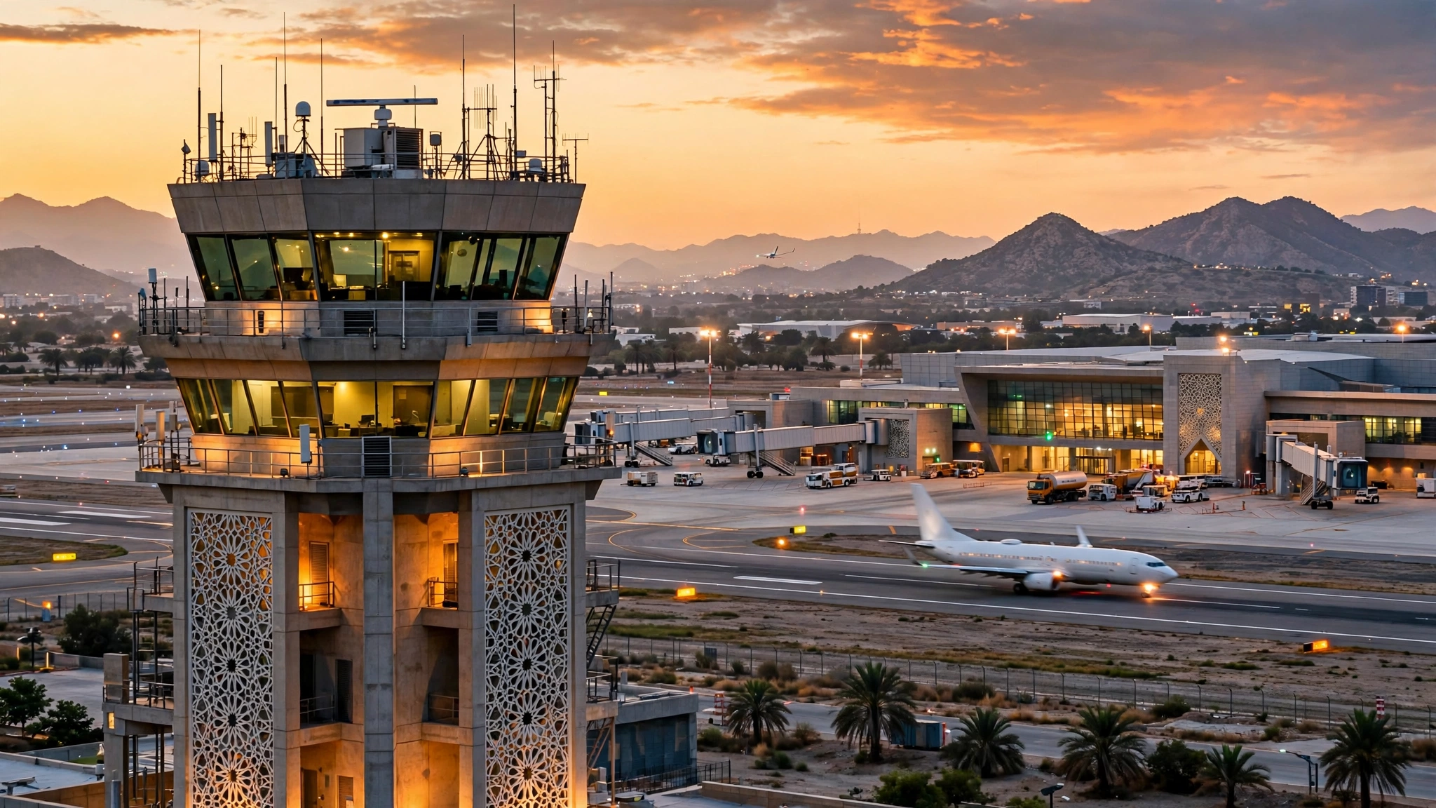 Photograph of a Pakistani airport control tower at dusk with an aircraft taxiing on the runway, illustrating new Civil Aviation Authority job openings in 2026