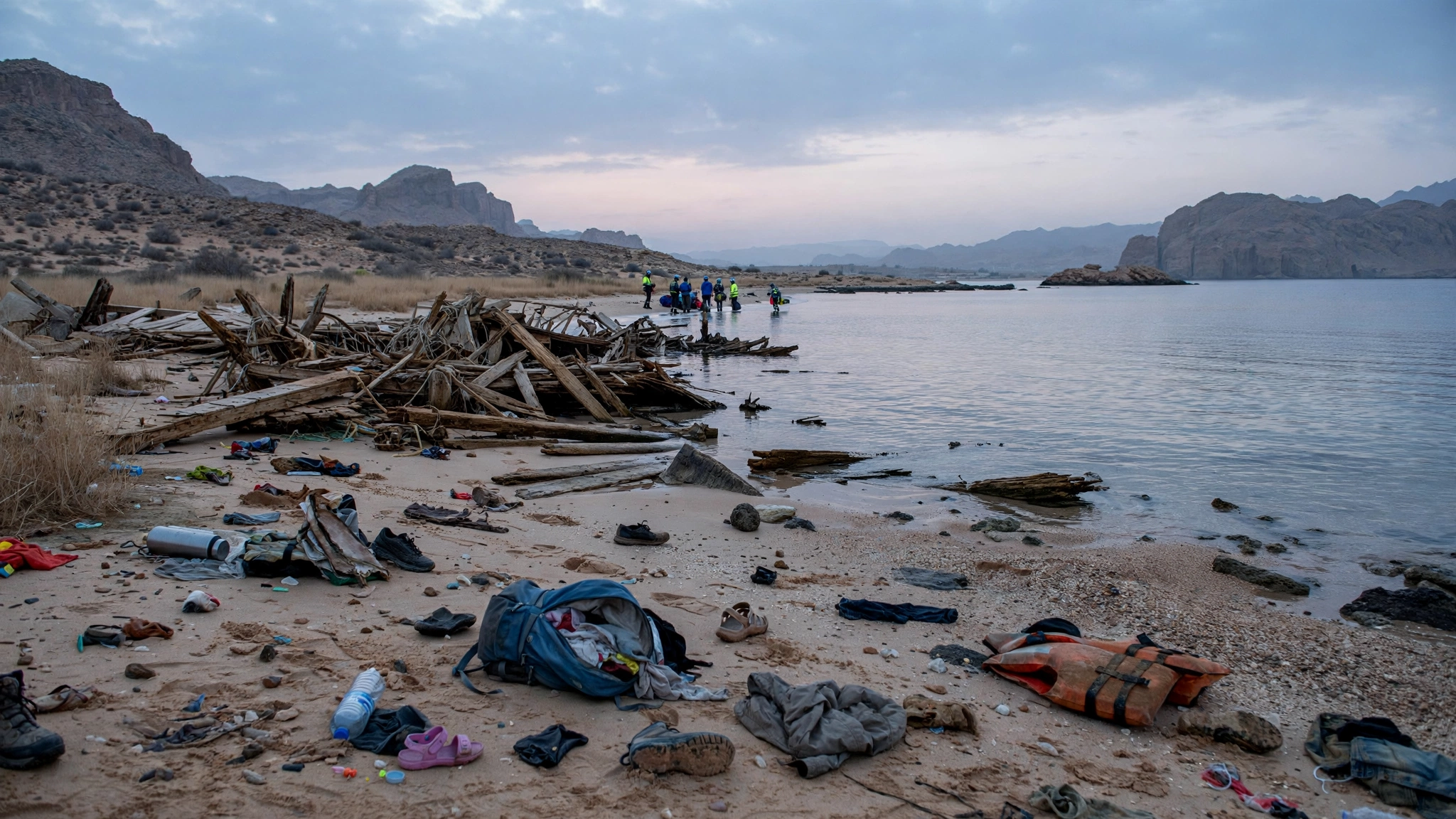 Rescue workers and scattered personal belongings on a Djibouti beach after a migrant boat capsized off the coast, with the sea in the background