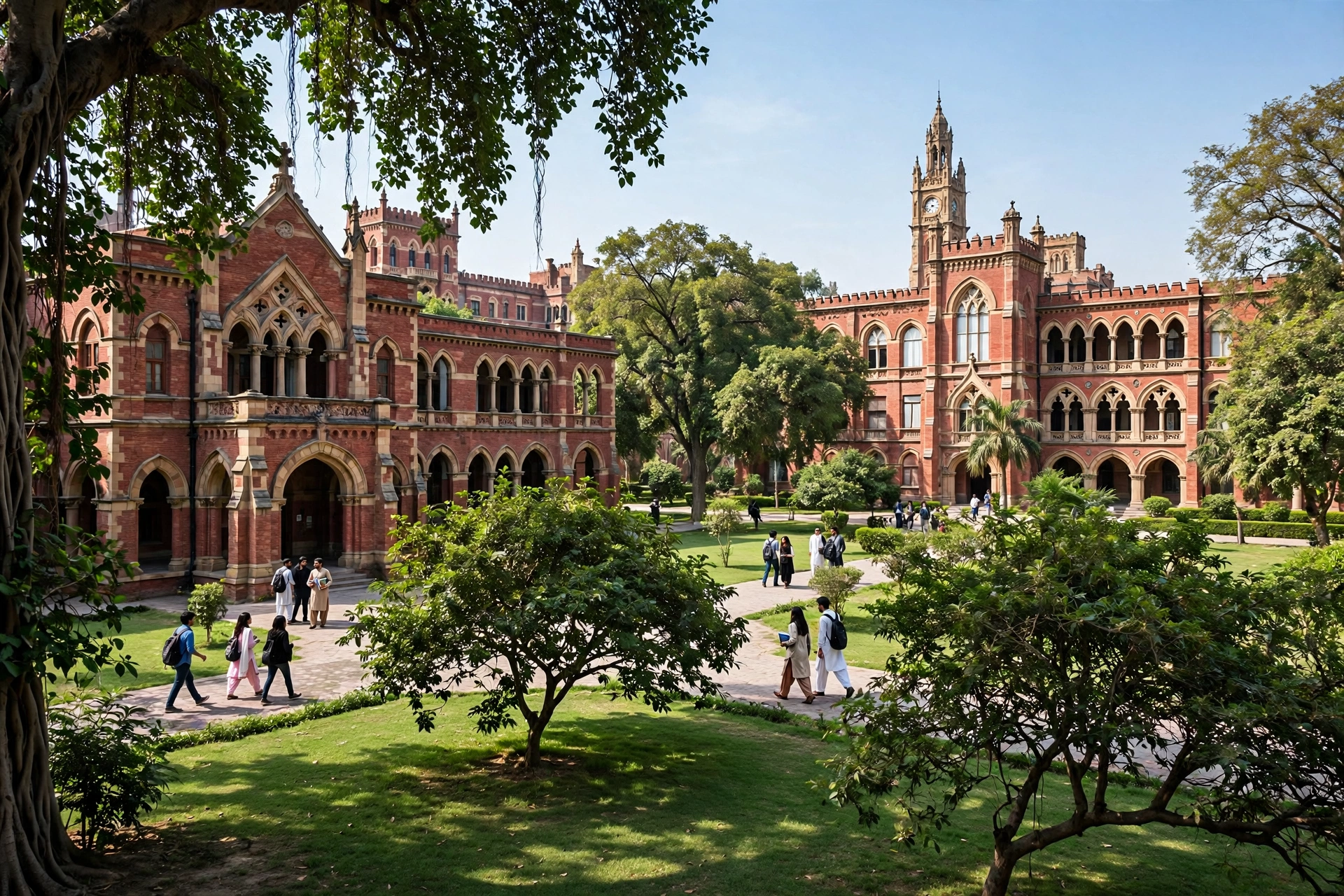 Front view of Punjab University Lahore campus buildings with students walking on the grounds under a bright sky