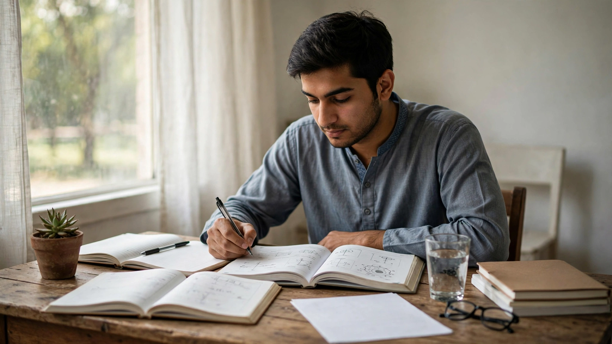 A Pakistani student preparing for exams at a desk with books and stationery