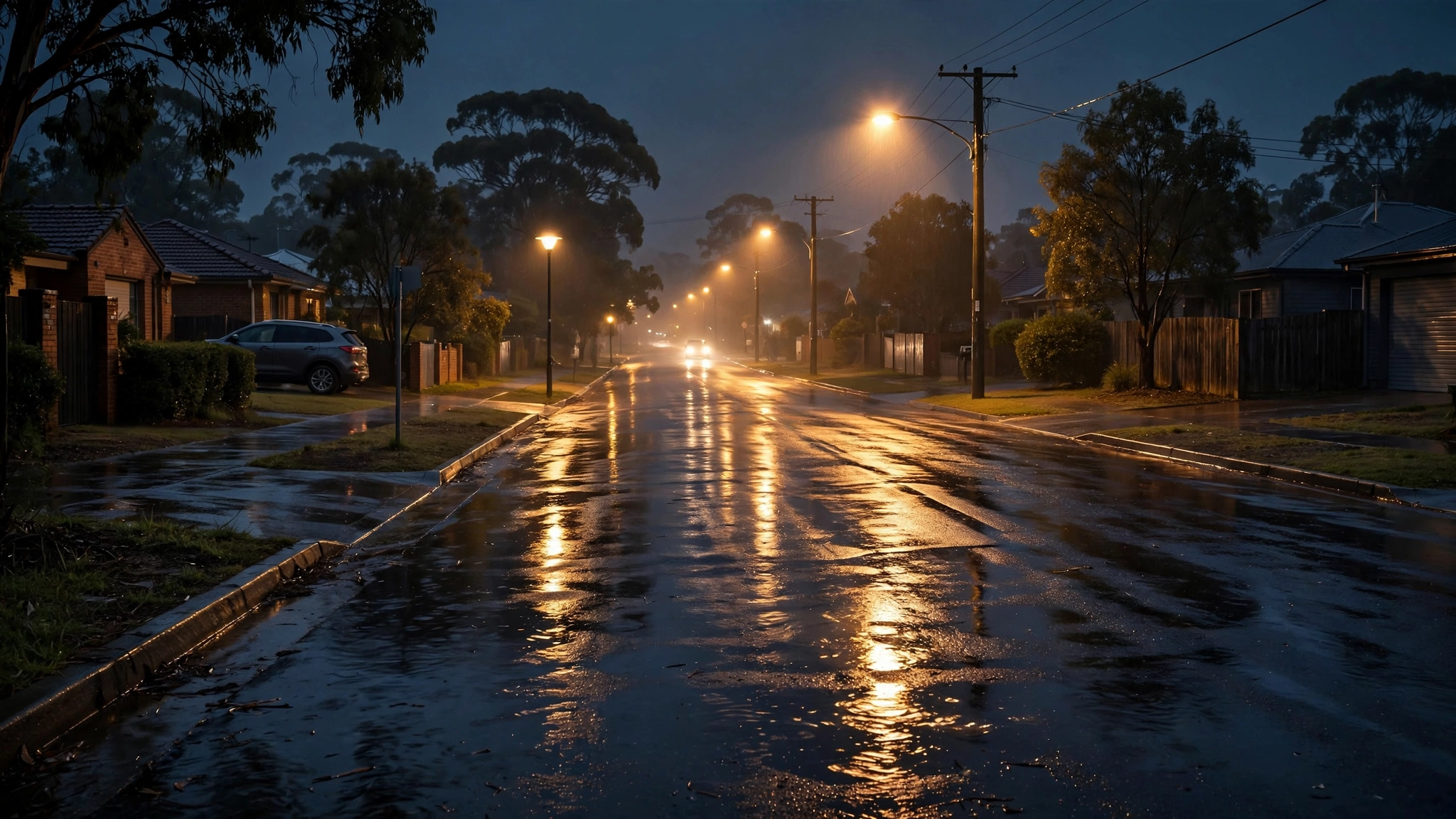 A dimly lit suburban road in Adelaide at night, with the glow of approaching car headlights reflecting off wet asphalt