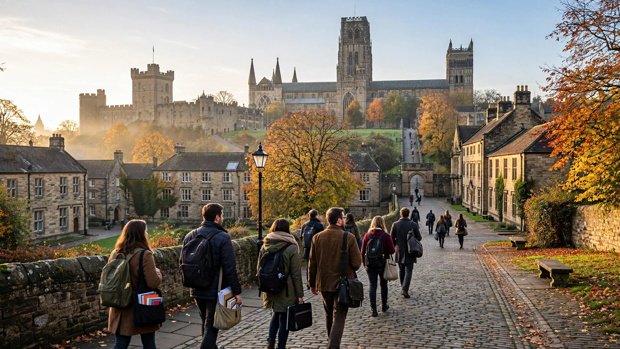 Photorealistic view of Durham University's historic campus with Durham Cathedral and a doctoral student walking past, warm daylight, 16:9