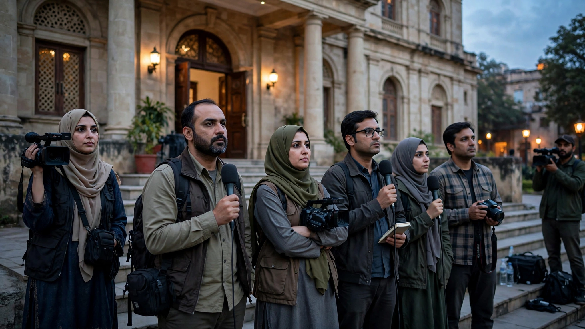 Journalists and media workers holding cameras gathered outside a government office in Pakistan at dusk, staging a protest over the arrest of a fellow reporter