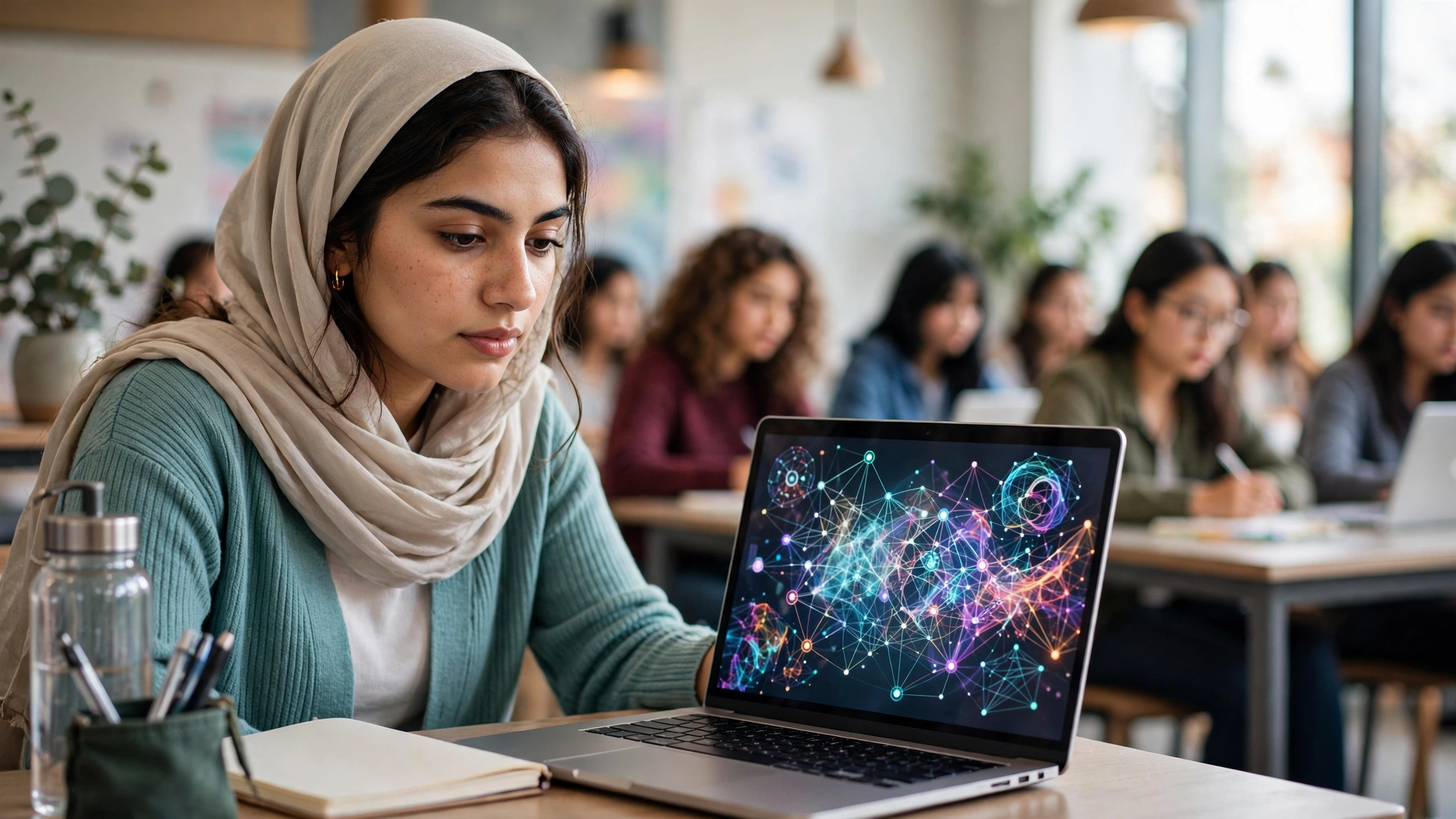 Young Pakistani woman in a college classroom learning AI and digital skills on a laptop