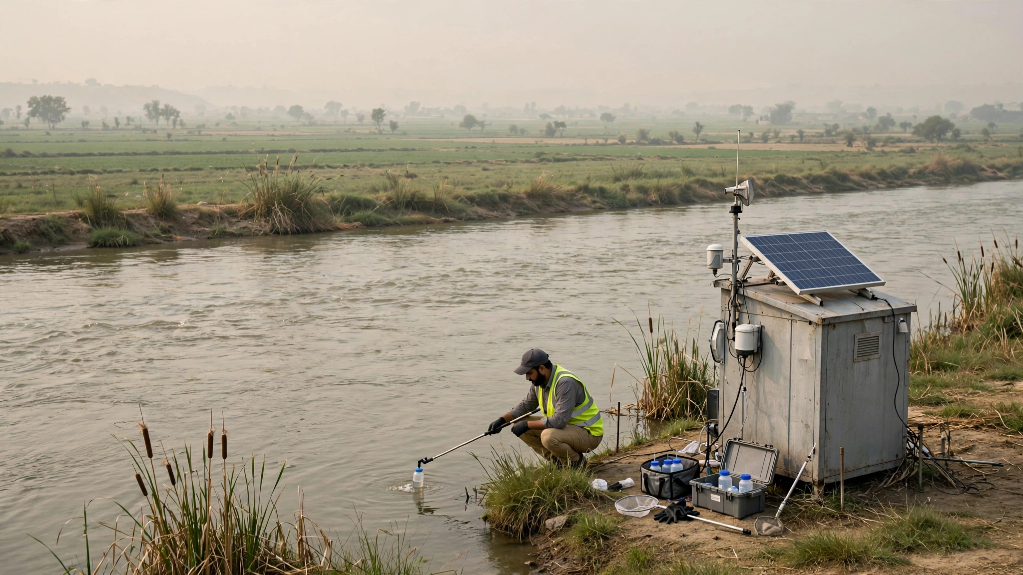 Photorealistic view of a river water-quality monitoring station in Punjab, Pakistan — a small solar-powered sensor cabin beside a wide river, with a technician taking a water sample