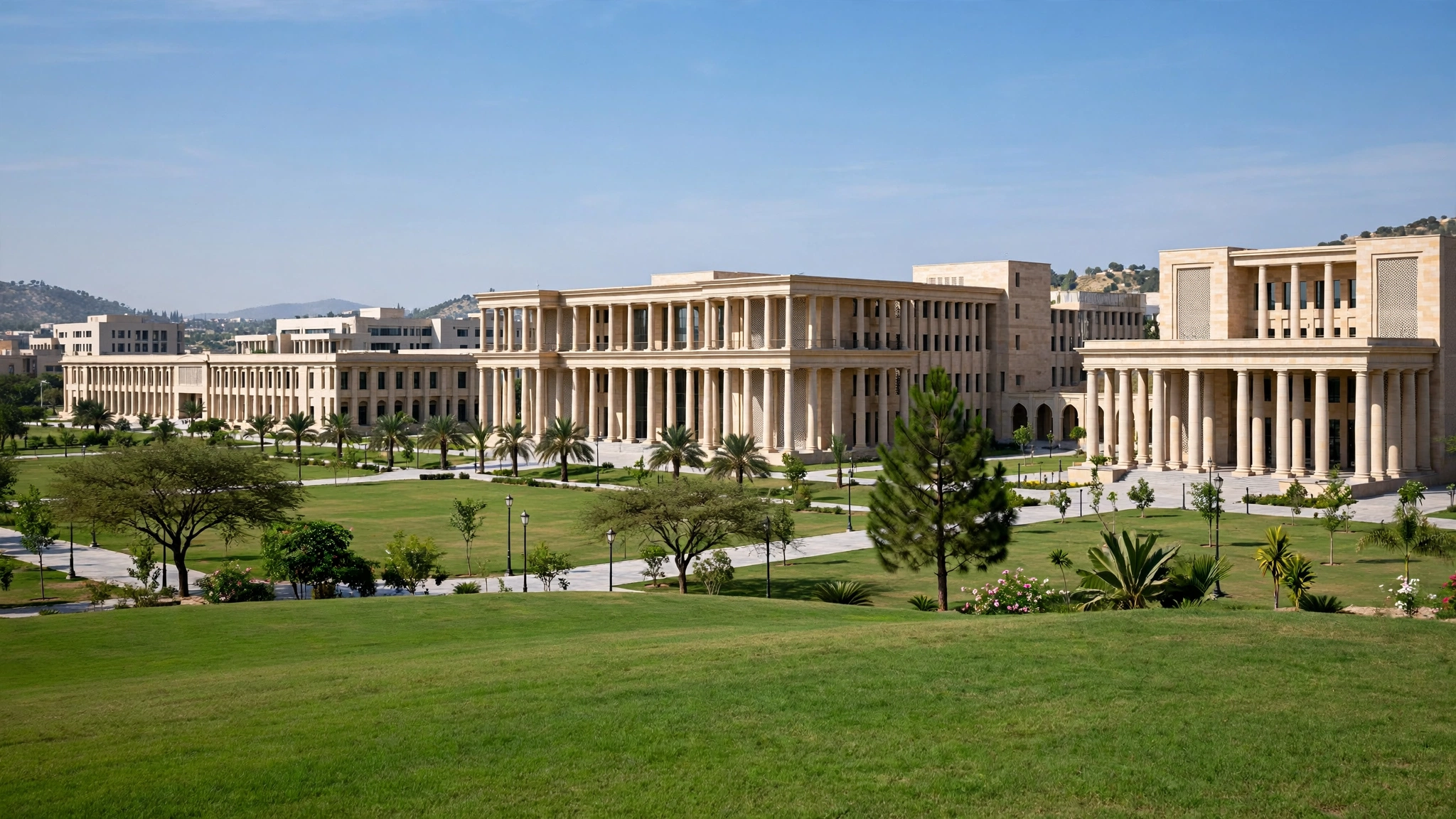 Photorealistic view of a modern university campus with academic buildings, green lawns and clear sky