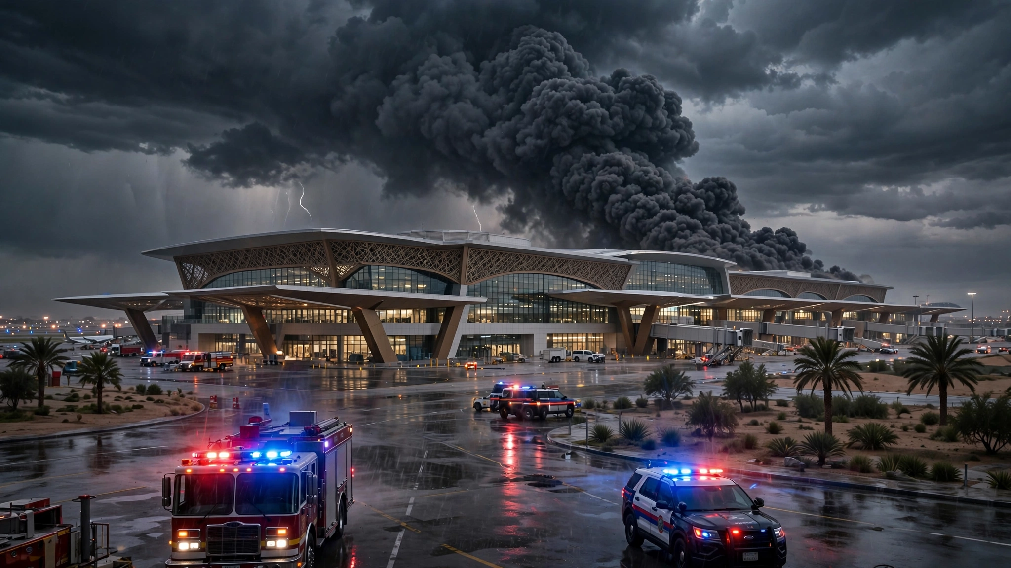 Smoke rising over a modern Saudi Arabian airport terminal at dusk as emergency lights flash