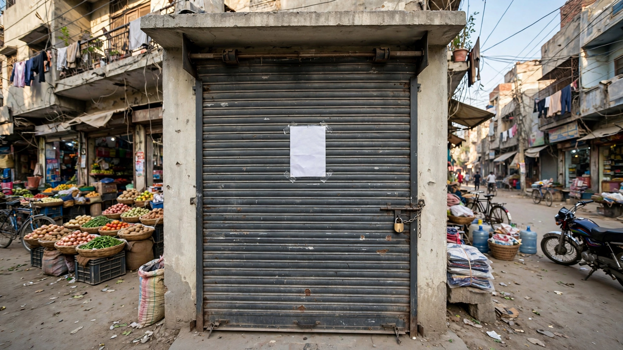 A sealed, shuttered clinic building on a Pakistani street with an official closure notice pasted on the door