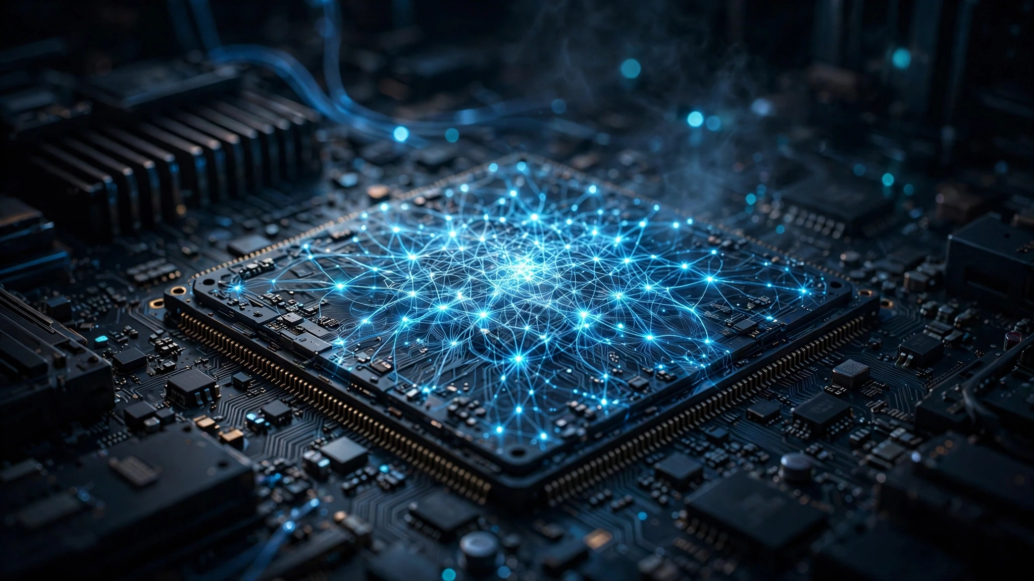 Futuristic AI processor chip with glowing blue neural network patterns