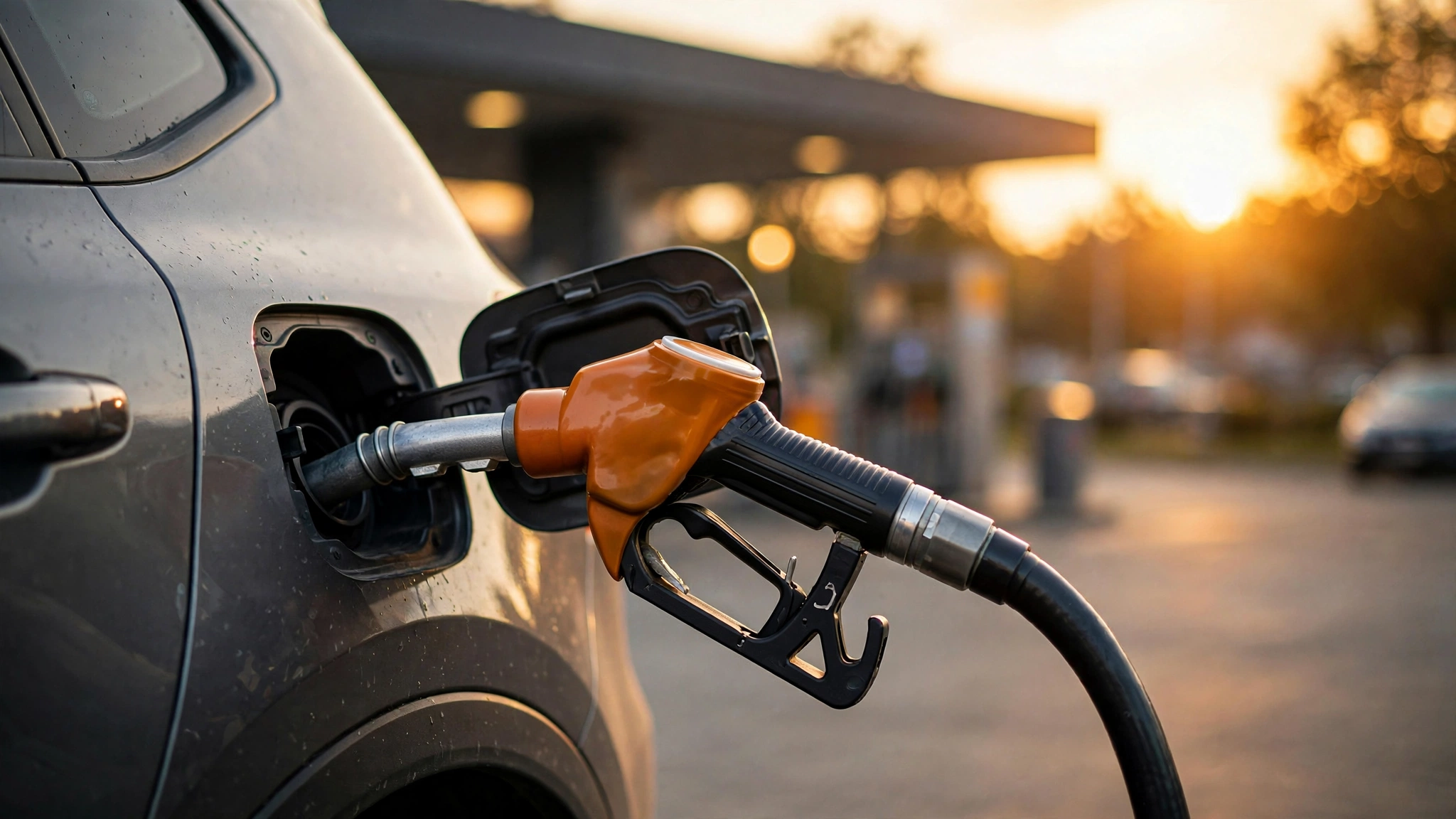 Fuel nozzle at a petrol station pump during golden sunset