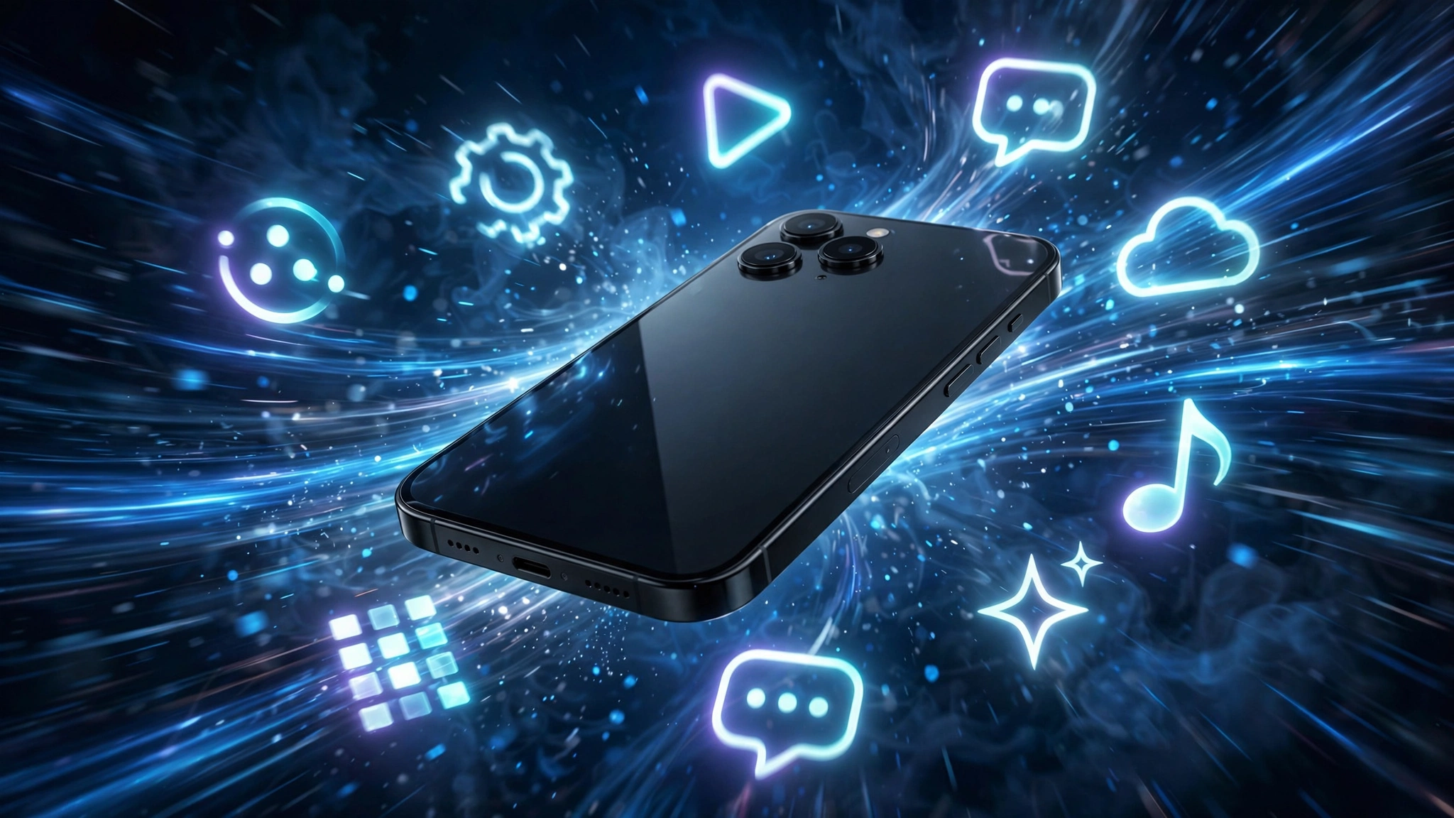 Smartphone with motion-blur speed lines and glowing app icons