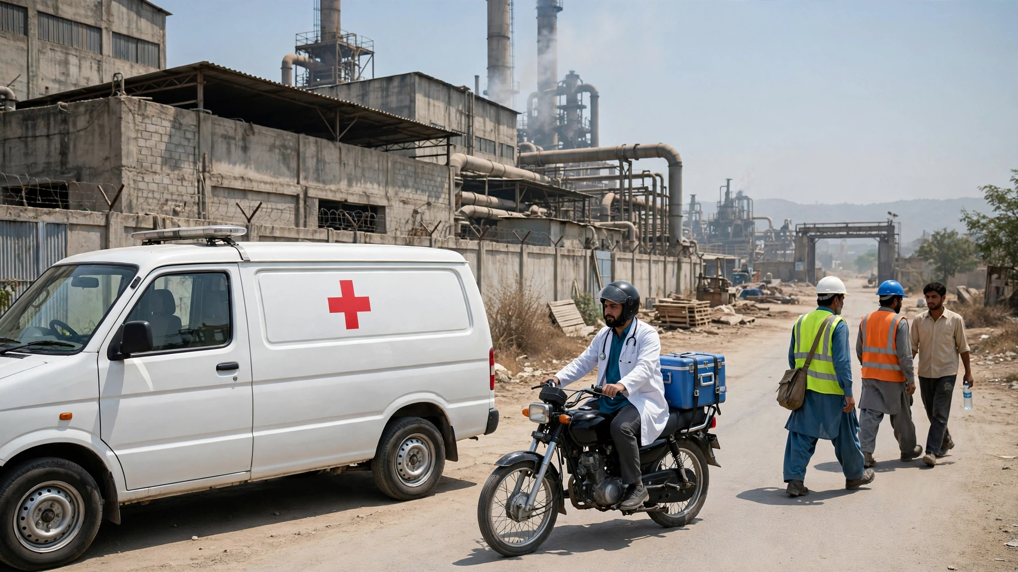 Mobile health van and motorbike medical unit parked outside a factory in Punjab, Pakistan