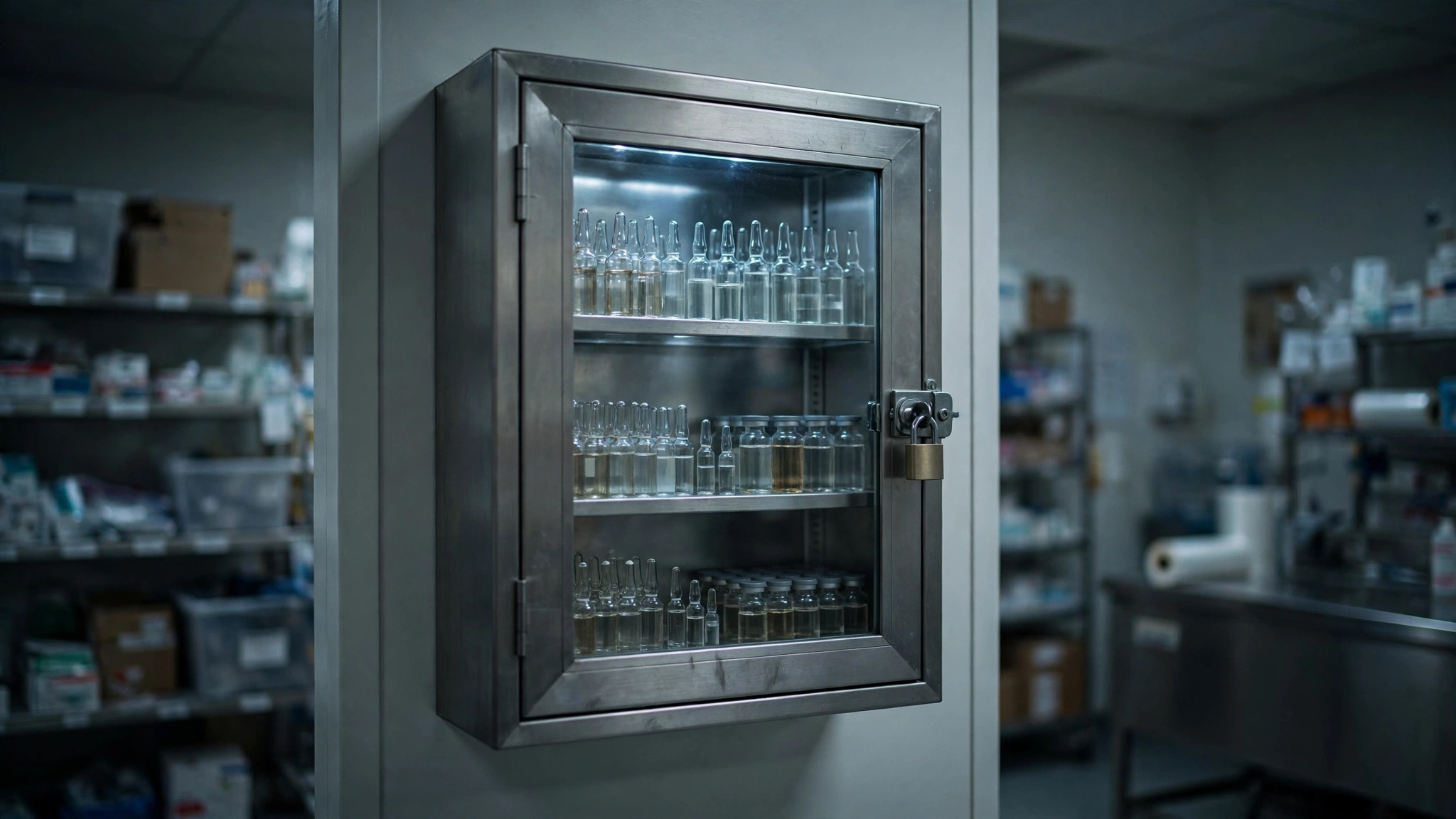 Hospital pharmacy narcotics cabinet with shelves of medicine ampoules behind a locked glass door