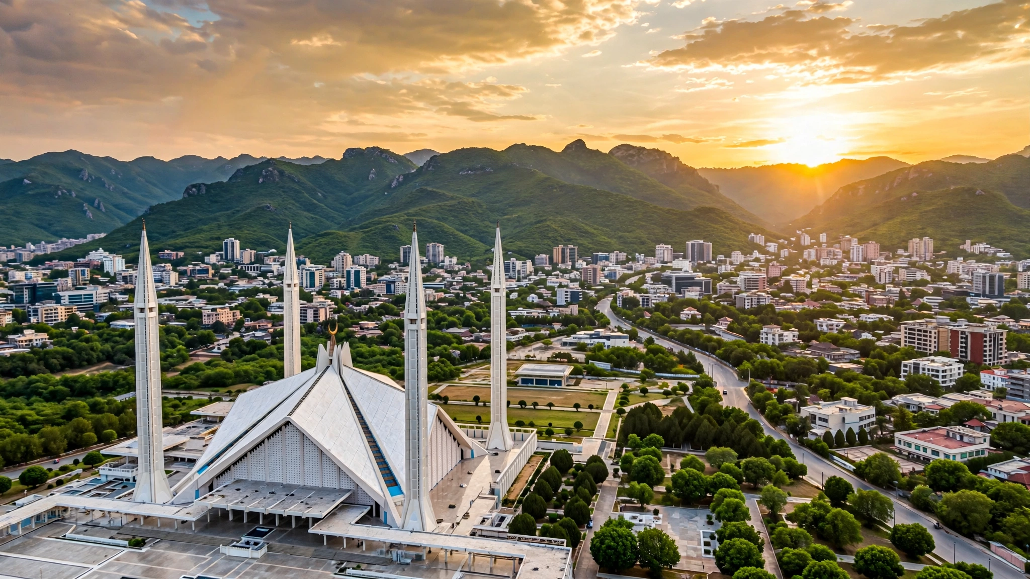 Photorealistic Islamabad skyline with Faisal Mosque and Margalla Hills glowing at golden hour